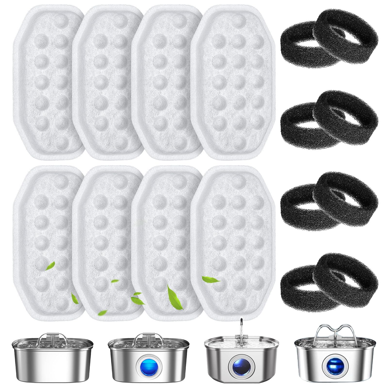16 Pack Cat Water Fountain Replacement Filters & Pre-Filter Sponges for 108oz/3.2L Stainless Steel Pet Fountain with Water Level Window - Compatible with Most Cat Water Dispensers, Ideal for Home & Office Use