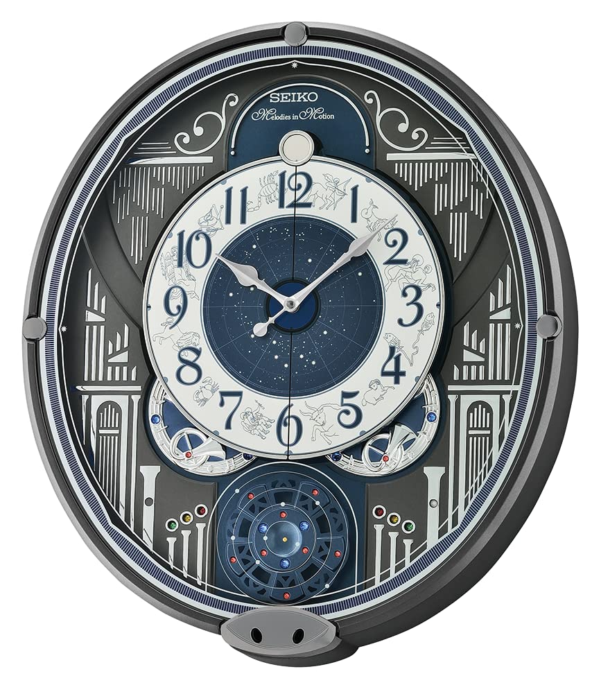 Seiko Melodies in Motion Wall Clock with Galaxy Design - Battery Operated Musical Quartz Clock for Living Room, Bedroom & Office Decor