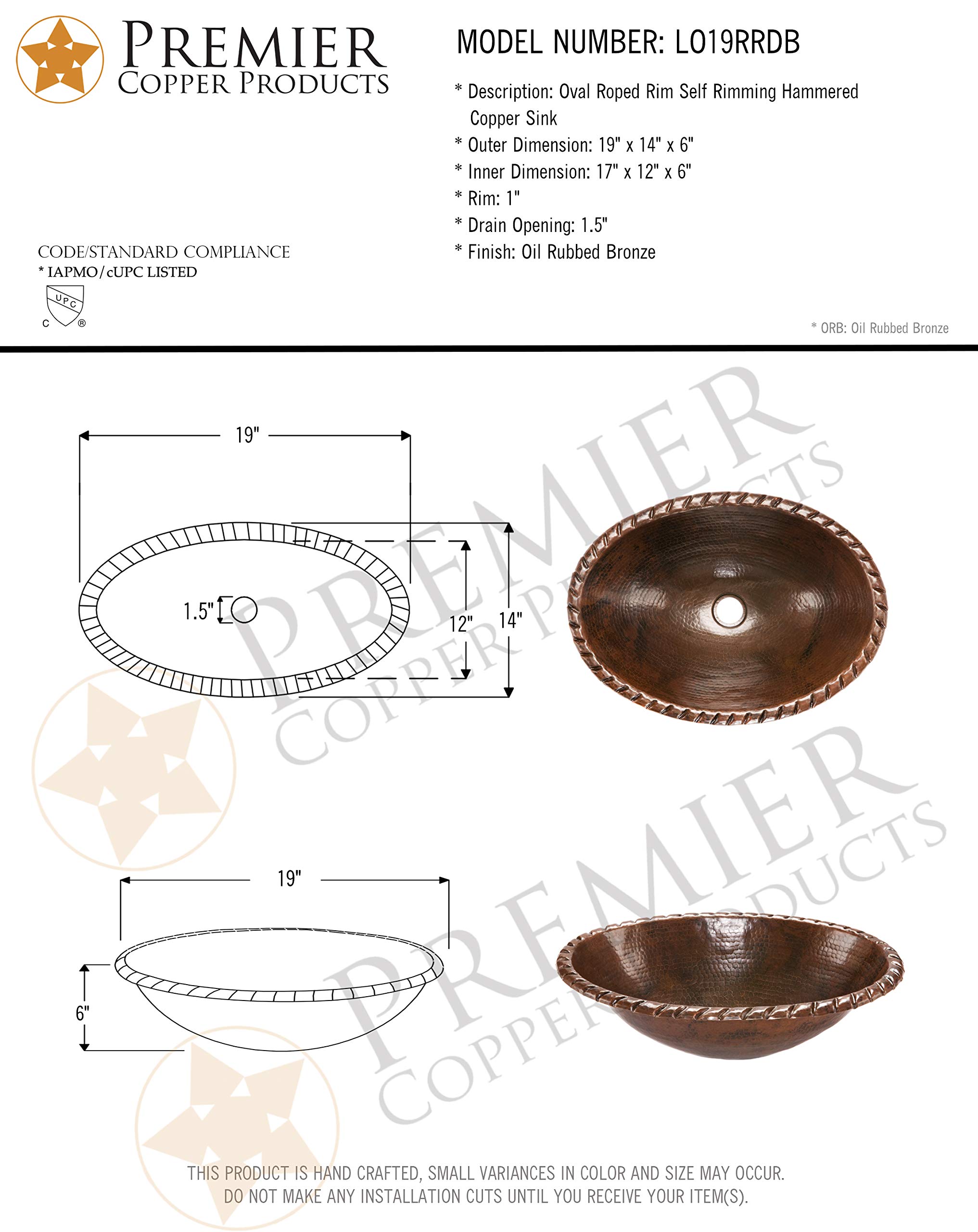 Premier Copper 19-Inch Oval Hammered Copper Sink with Roped Rim - Oil Rubbed Bronze Finish - Perfect for Farmhouse Kitchen & Bathroom Vanity