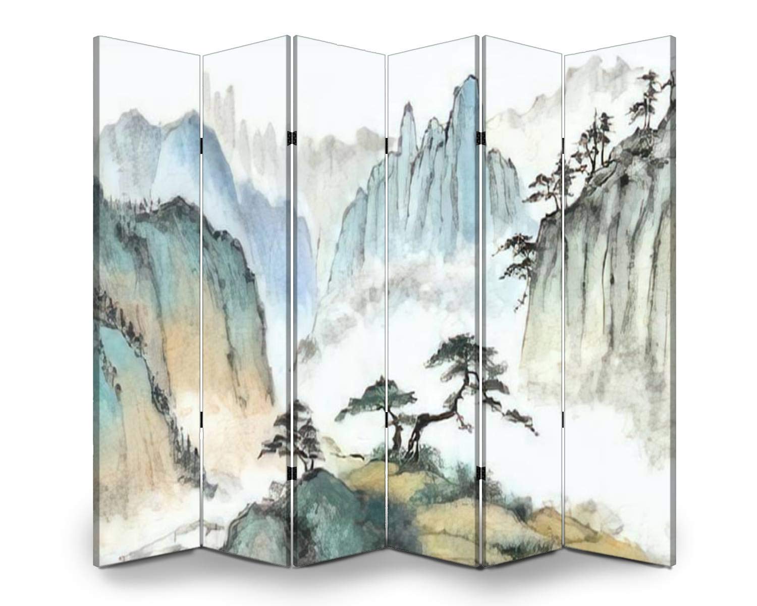 Chinese Landscape Folding Room Divider - 6 Panel Wooden Privacy Screen with Mountain & Pine Tree Painting, Dual-Sided Canvas Partition for Home Office, Bedroom, and Living Room Decor