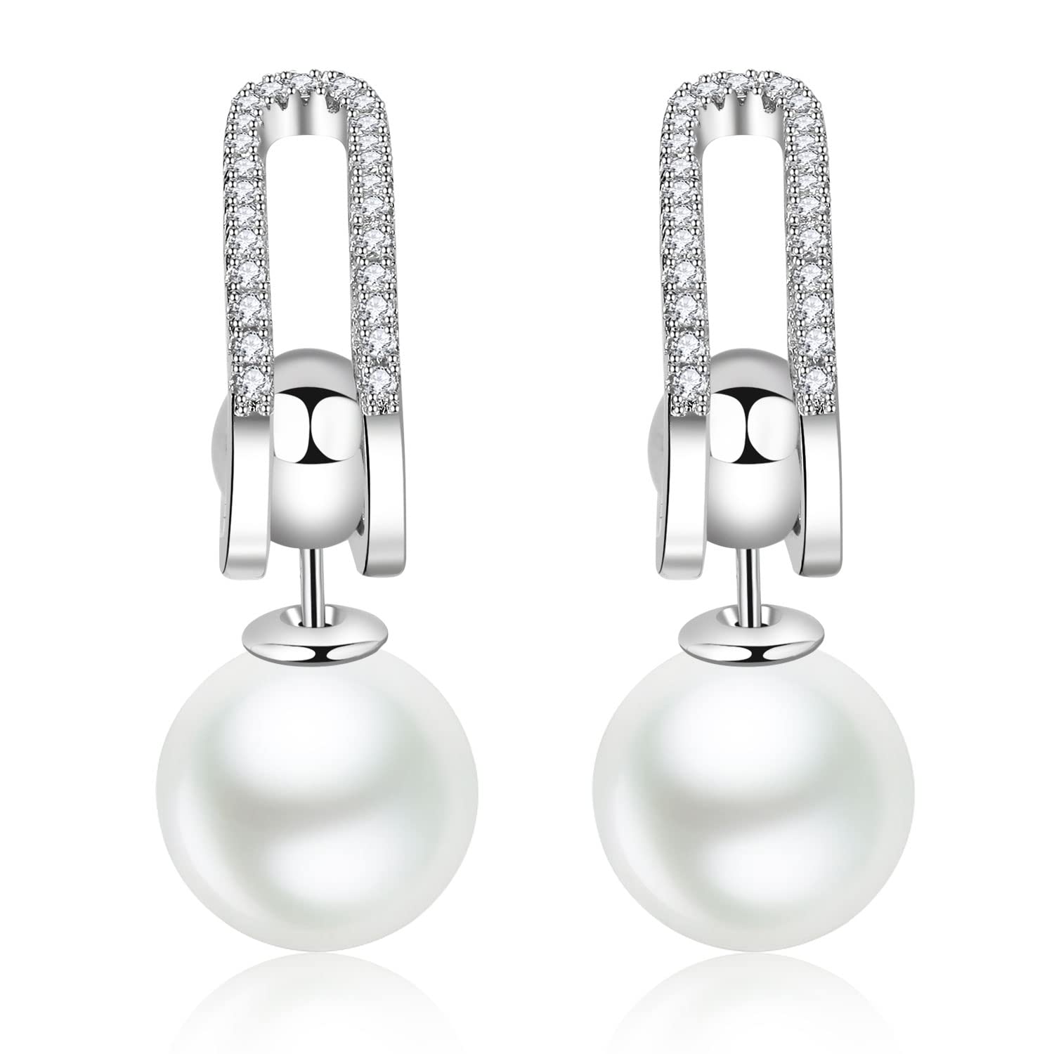 14K White Gold Plated Cubic Zirconia Pearl Dangle Hoop Earrings for Women - Elegant Gift for Her, Perfect for Weddings, Parties & Date Nights