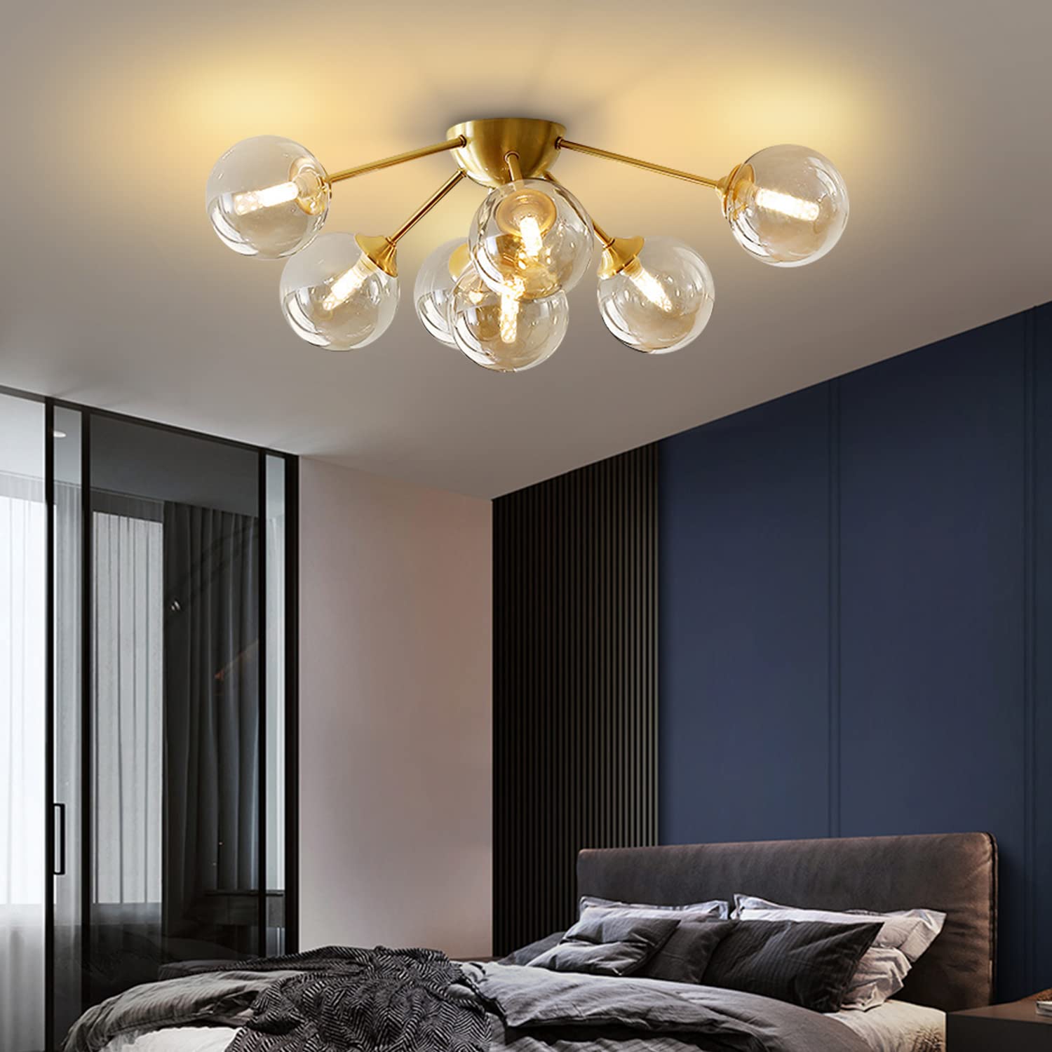 7-Lights Amber Glass Flush Mount Ceiling Light - Brushed Gold Globe Chandelier - Mid Century Modern Fixture for Living Room, Bedroom, Dining Room & Hallway - Warm Ambient Lighting for Home Decor