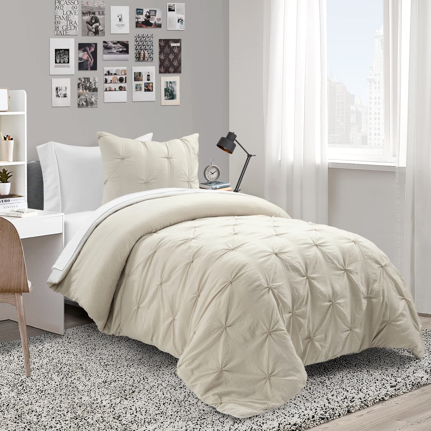 Lush Decor Ravello Pintuck 5-Piece Reversible Comforter Set with Shams & Sheets - Textured Bedding for Teens, Dorm Rooms, Traditional & Farmhouse Style - Twin XL Size in Wheat Color - Perfect for Cozy Bedrooms and Guest Rooms