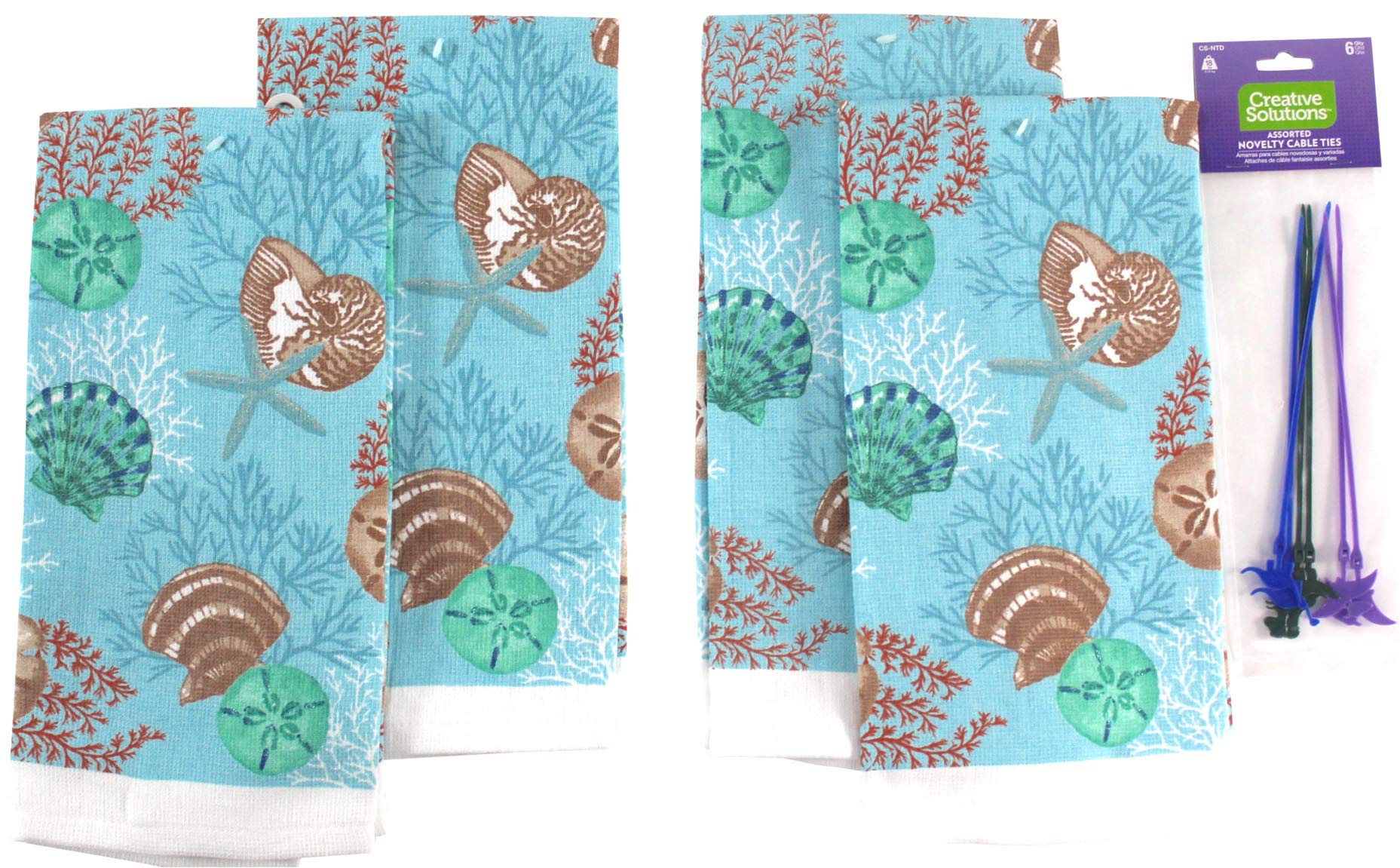 4-Pack Summer Shells Kitchen Dish Towels Set - Colorful Ocean Shell Pattern in Beige, Blue & White | Absorbent Cotton Dishcloths for Beach House, Coastal Kitchen & Summer Entertaining