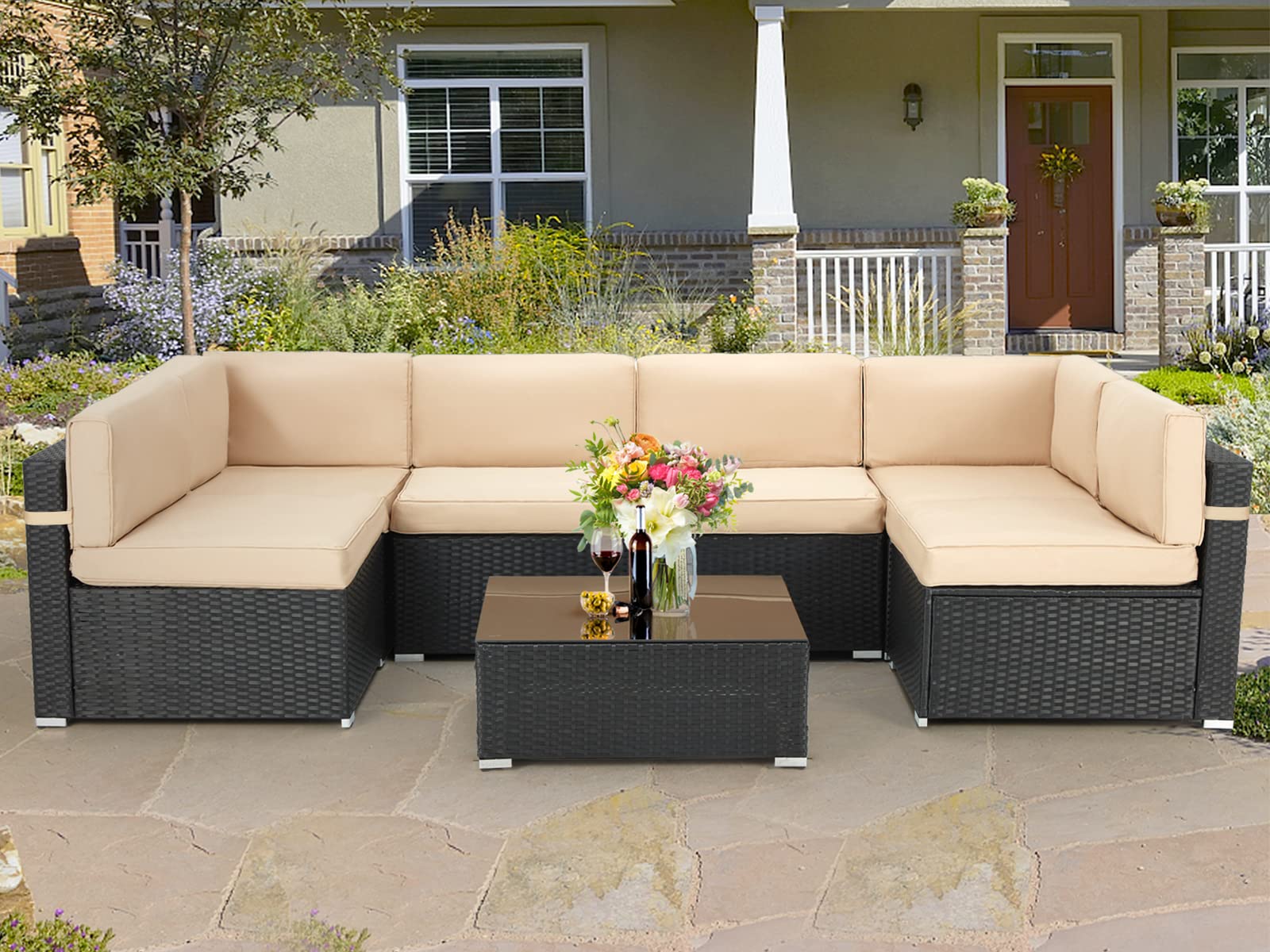 AECOJOY 7-Piece Outdoor Patio Furniture Set - PE Rattan Sectional Sofa with Coffee Table, Khaki Cushions & Black Frame - Perfect for Garden, Backyard, Poolside & Outdoor Entertaining