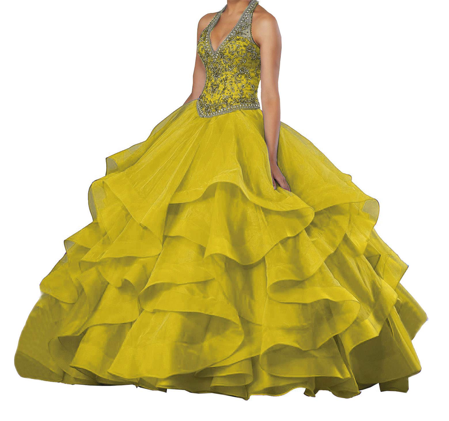Emanni Women's Halter Beaded Quinceanera Dress - Sleeveless Ball Gown for Girls Size 16 in Lemon Yellow | Perfect for Sweet 16 Parties, Quinceaneras, Prom & Formal Events