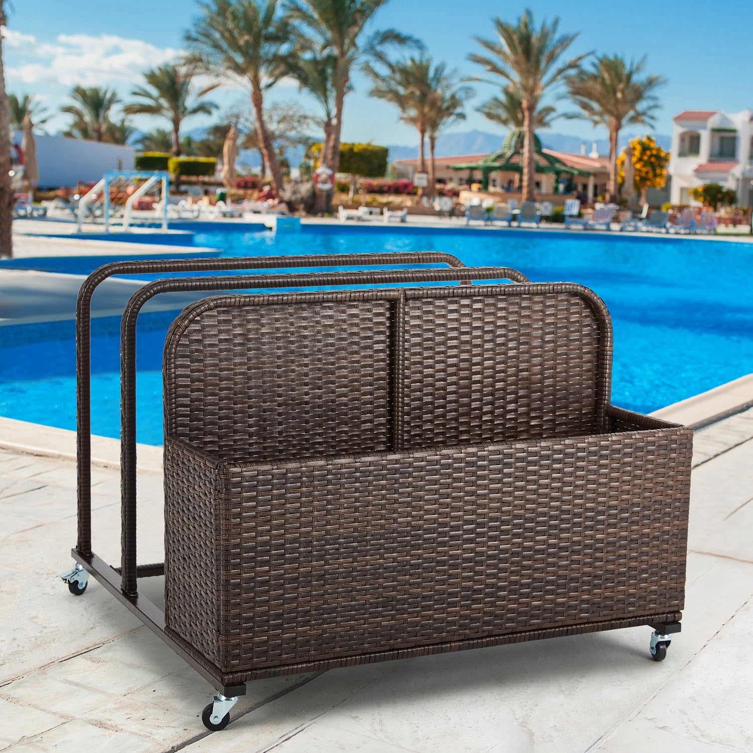 Outdoor Wicker Rattan Pool Float Storage Organizer with Wheels - Waterproof Patio Pool Toy Holder for Noodles, Inflatables & Accessories - Perfect for Backyard, Beach & Poolside Storage (Brown)