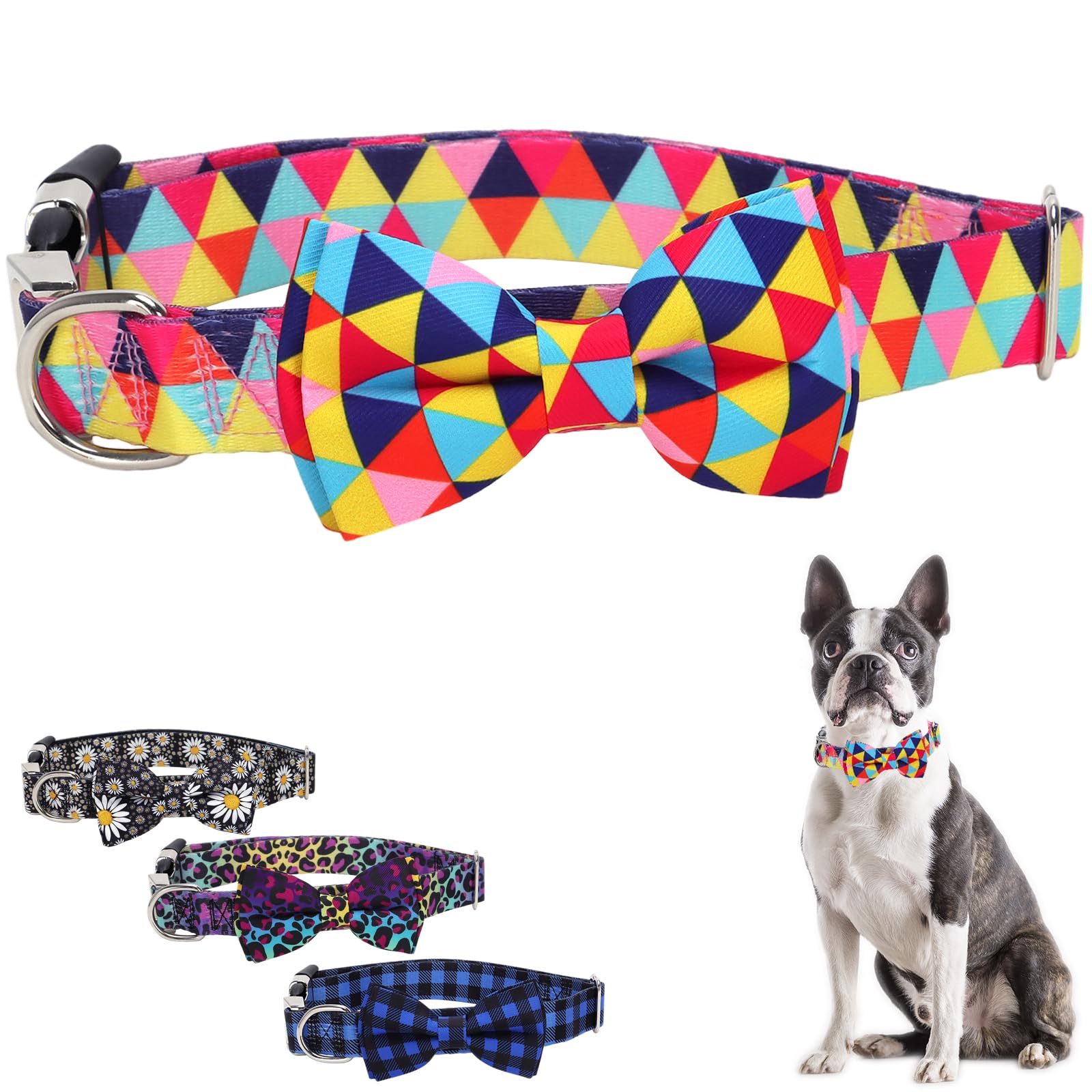 Stylish Colorful Geometric Bow Tie Dog Collars - Adjustable Puppy Collar for XS, Small, Medium & Large Dogs | Perfect for Pet Parties, Daily Walks & Photo Shoots (Vibrant XS Size)