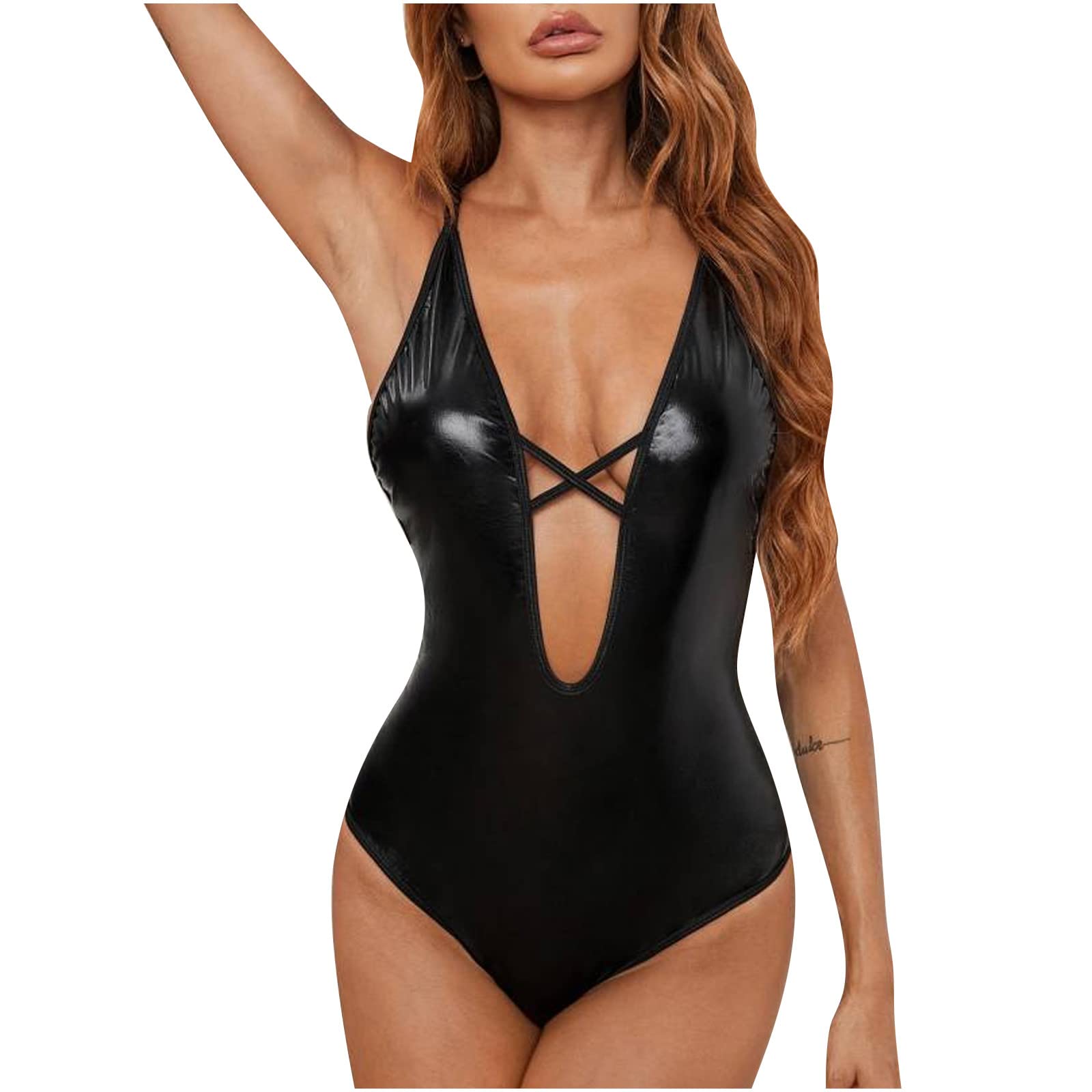 Sexy Wetlook Leather Bodysuit Lingerie for Women - Deep V Teddy Babydoll Playsuit for Naughty Nights, Roleplay & Clubwear | Perfect for Valentine's Day, Boudoir Photography & Sensual Play