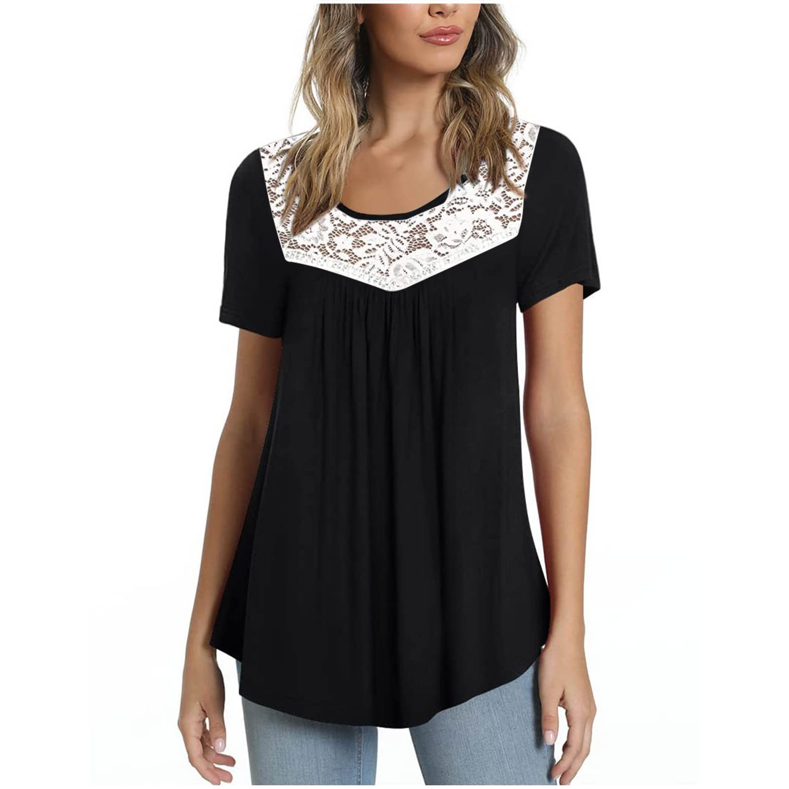 Women's Summer Tunic Tops - Floral Lace Neck Tee for Casual Outings