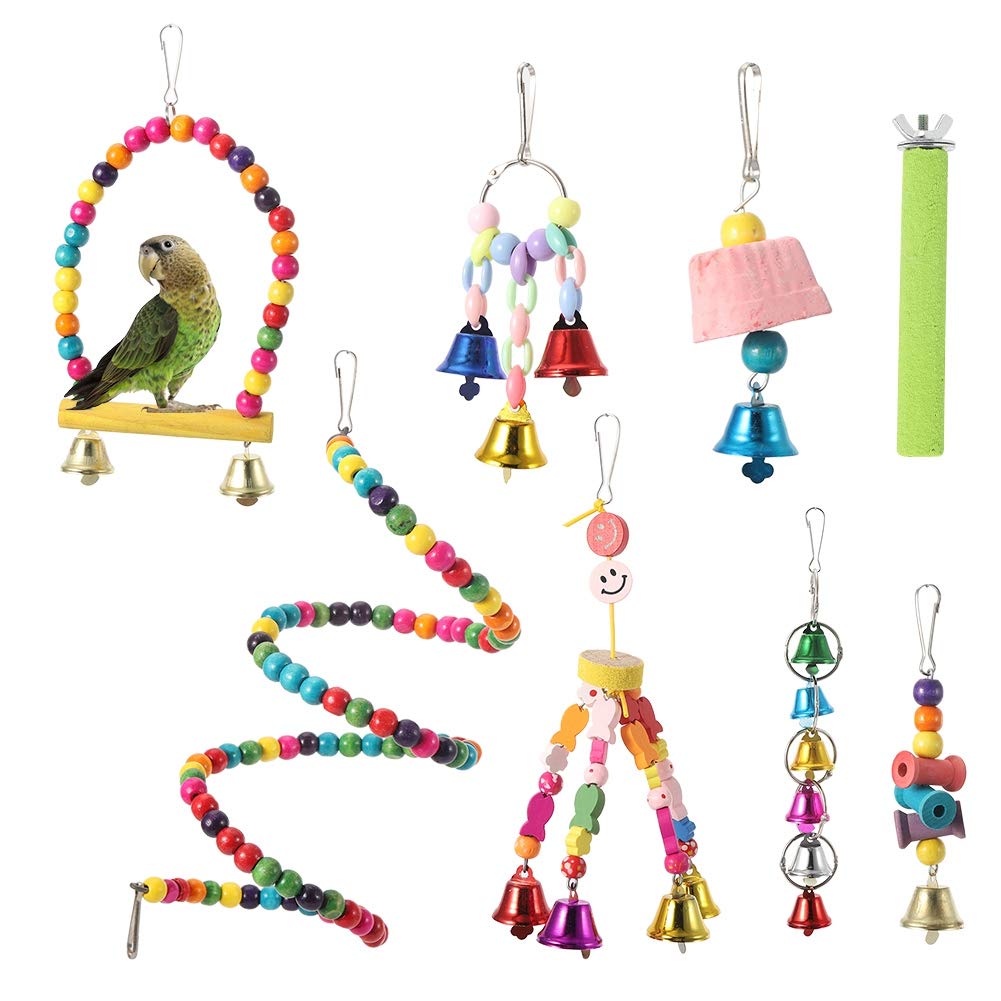 TOPINCN 8PCS Bird Swing Toys Set - Chewing Hanging Perches with Bells for Budgies, Macaws, Cockatiels, Parakeets, African Greys, Finches & Lorikeets - Fun Cage Accessories for Play & Exercise