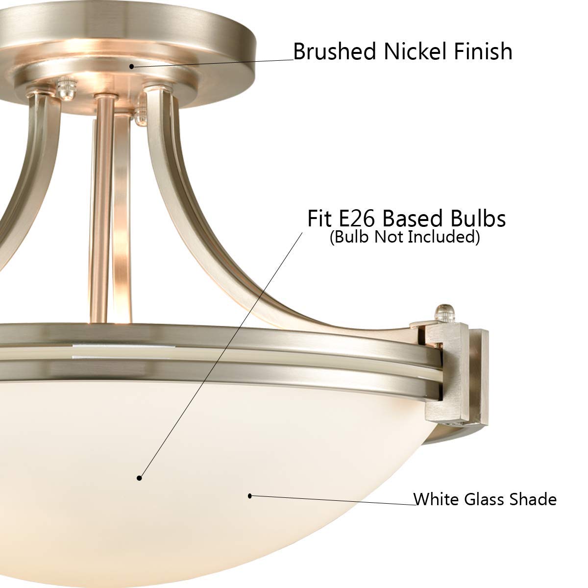 Modern SAMTEEN Brushed Nickel Semi Flush Mount Ceiling Light - 3-Light White Glass Fixture for Hallway, Bedroom, Living Room & Kitchen | Bowl Shade Design | Perfect for Home, Office & Commercial Spaces