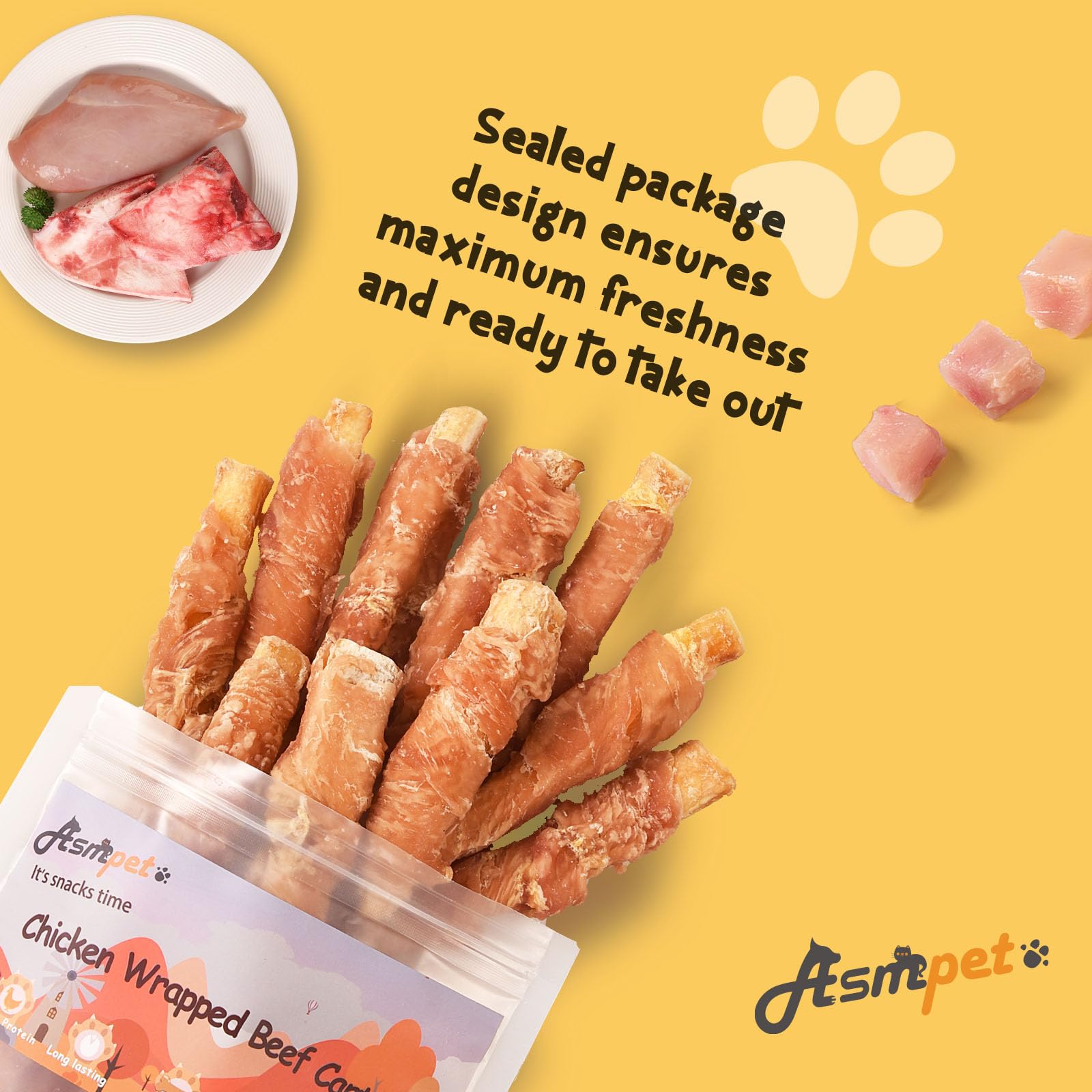 ASMPET Grain-Free Dog Treats - Chicken Wrapped Beef Cartilage, High Protein & Low Fat, Rawhide-Free Healthy Chews for All Dog Sizes (Small, Medium, Large Breeds) 10.6 oz - Perfect for Training Rewards, Dental Health & Long-Lasting Chewing