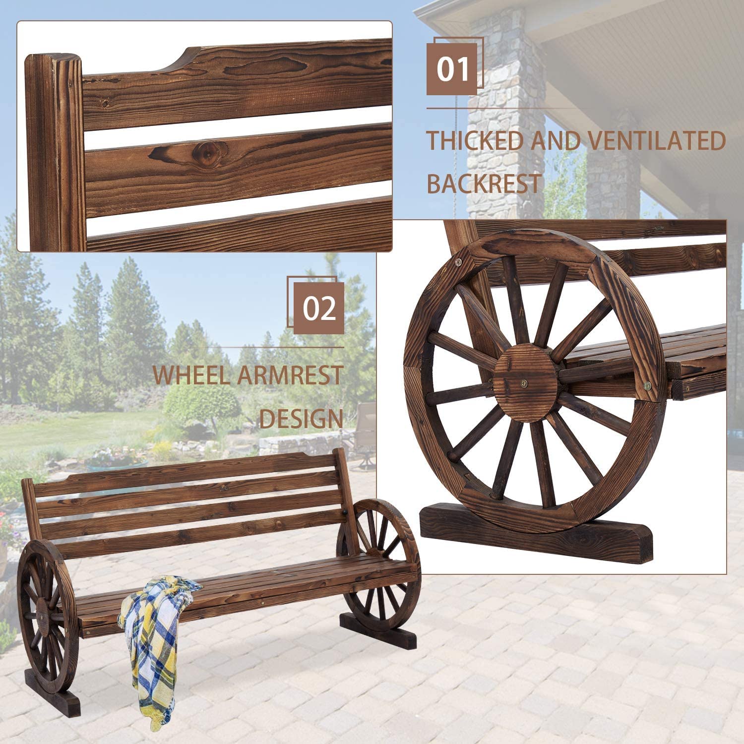 Kinsuite 2-Person Outdoor Wooden Bench - Rustic Wagon Wheel Garden Bench with Slatted Seat & Backrest, Fir Wood Patio Chair for Yard, Garden, and Porch Decor | Perfect for Outdoor Relaxation and Countryside Themed Spaces
