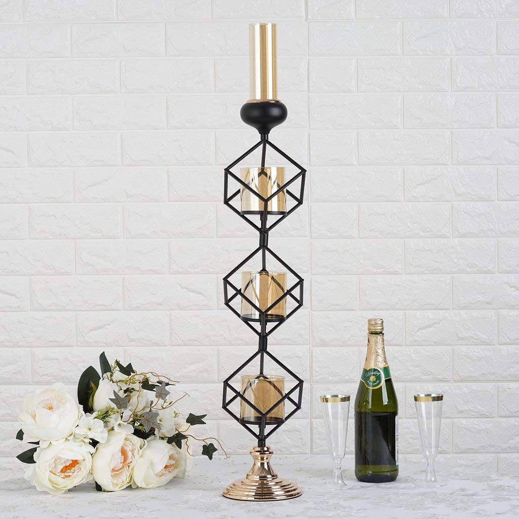 28-Inch Black Gold Geometric Cube Glass Tealight Candle Holders - Modern Home Decor for Wedding, Party, and Centerpiece Displays - Perfect for Romantic Dinners, Holiday Decor, and Tabletop Arrangements