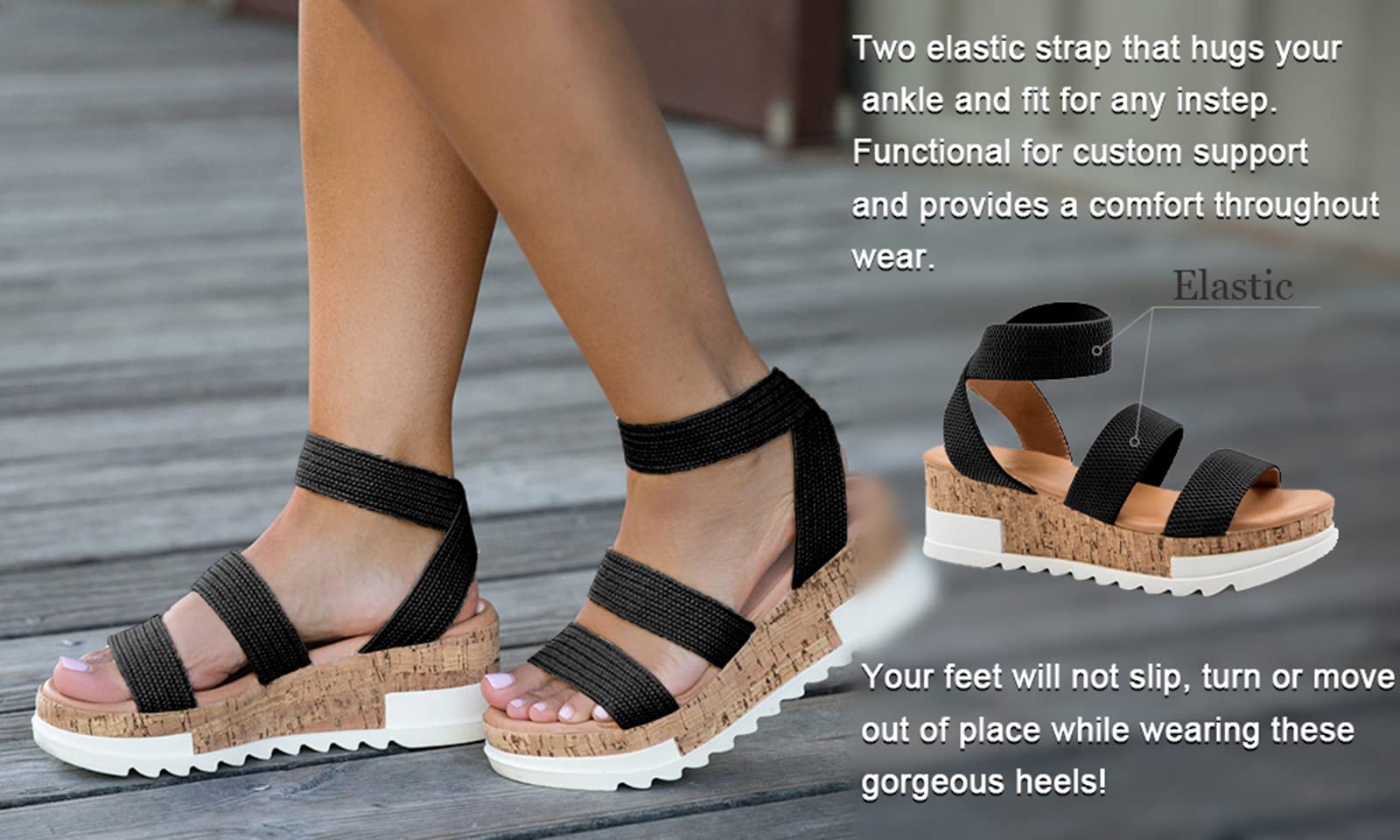 Athlefit Women's Wedge Sandals - Cork Elastic Strap Platform Sandals for Women | Comfortable Summer Shoes for Beach, Walking & Casual Outfits