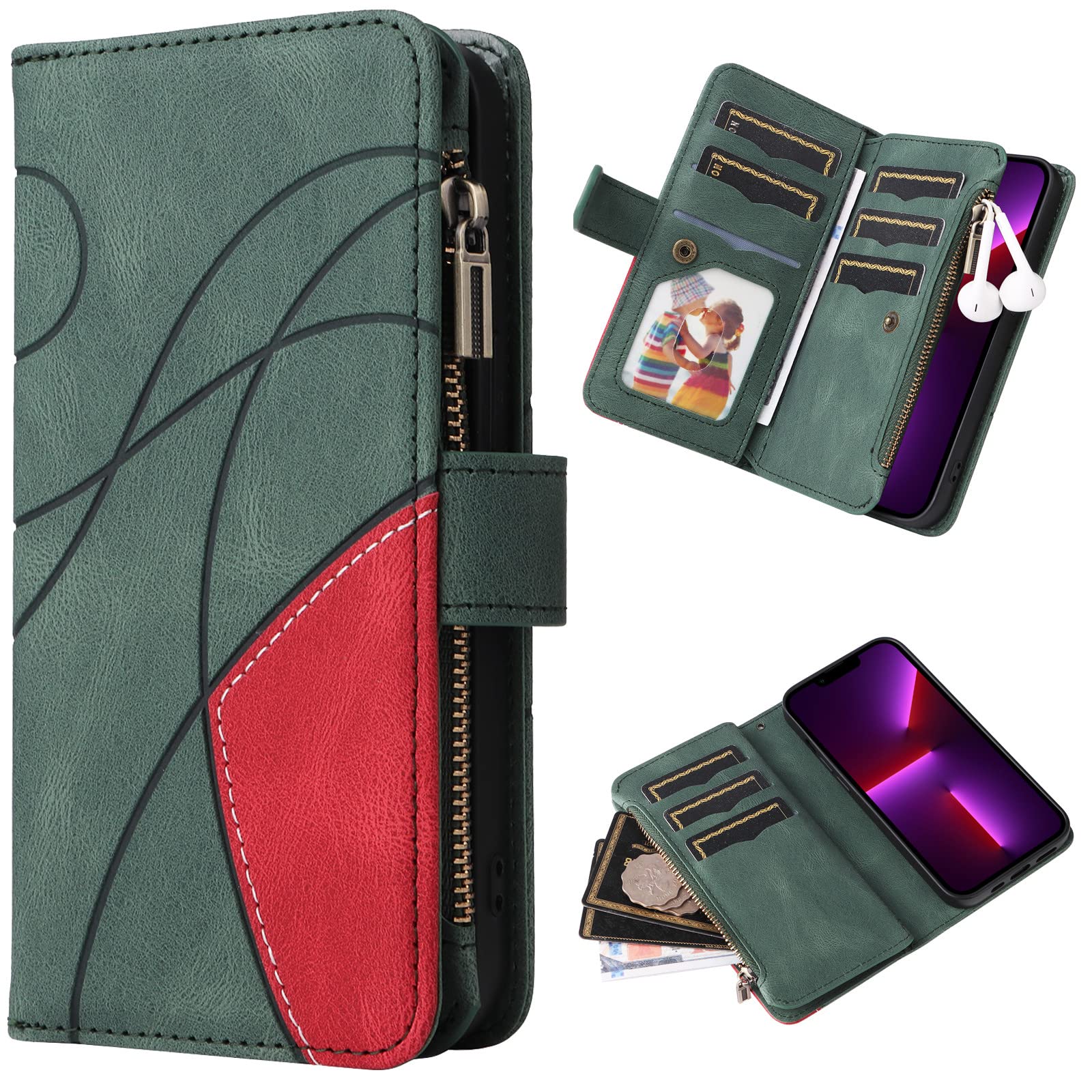 Premium PU Leather Flip Wallet Case for Oppo Find X5 Pro - RFID Blocking Zipper Purse with 9 Card Slots & Detachable Wrist Strap (Green) | Slim Protective Phone Cover for Everyday Use, Travel & Business