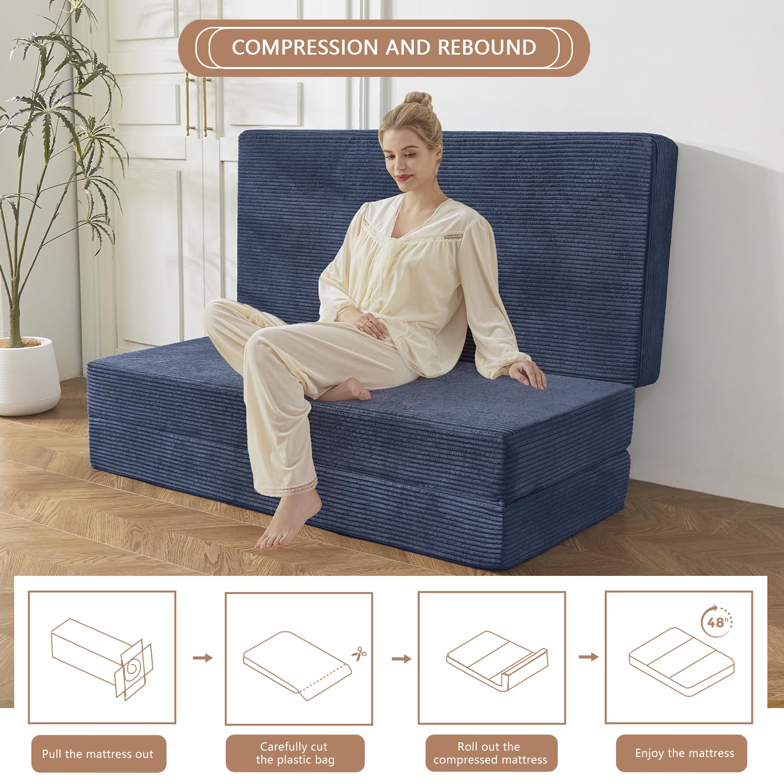 MAXYOYO 6 Inch Corduroy Tri-Folding Gel Memory Foam Mattress Topper - Foldable Guest Bed & Camping Pad in Blue | Perfect for Spare Rooms, Sleepovers & Outdoor Adventures
