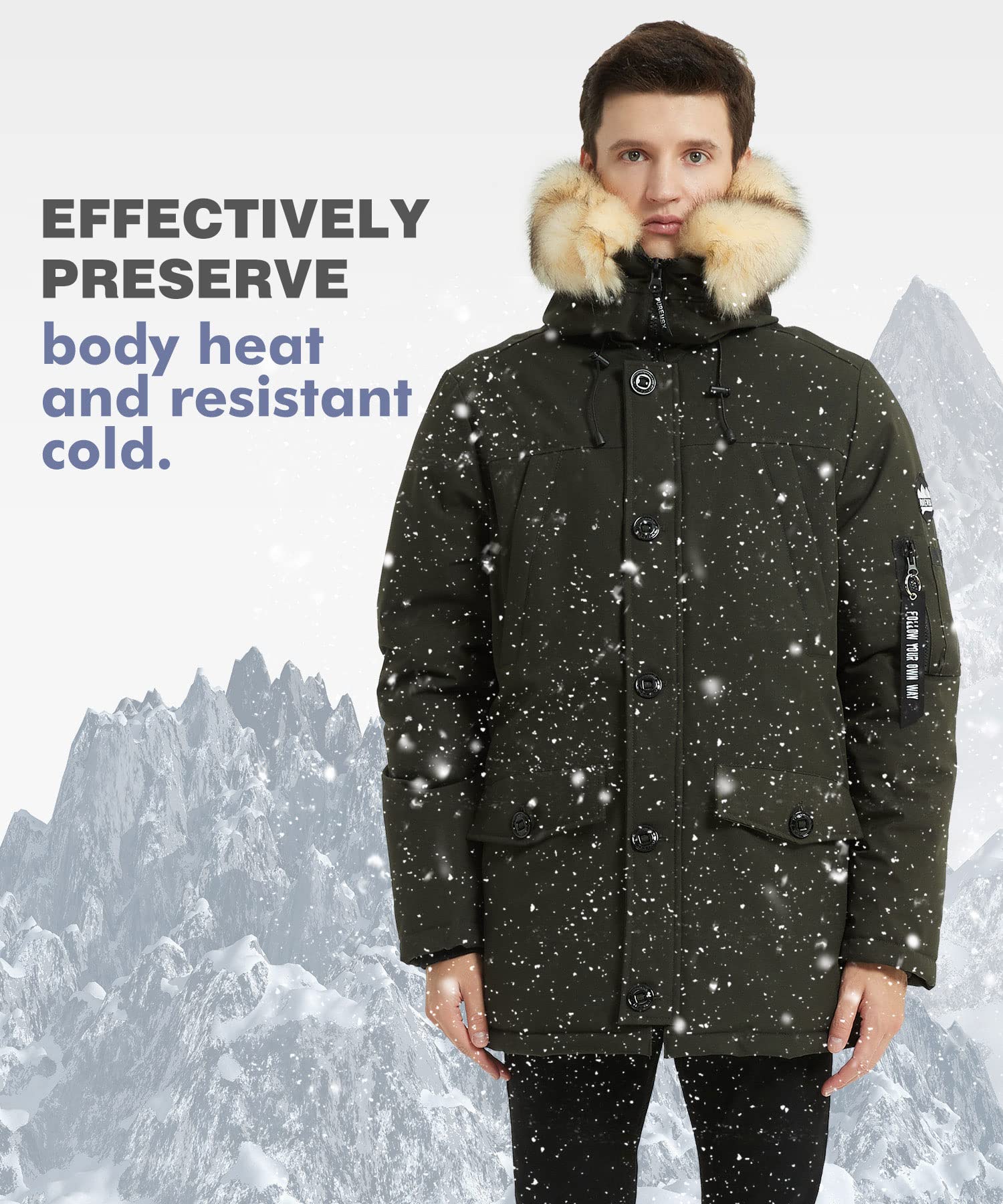 PUREMSX Men's Winter Jacket - Insulated Thick Warm Puffer Coat with Fur Hood for Extreme Cold Weather | Outdoor Activities, Snowboarding, Skiing & Daily Winter Wear
