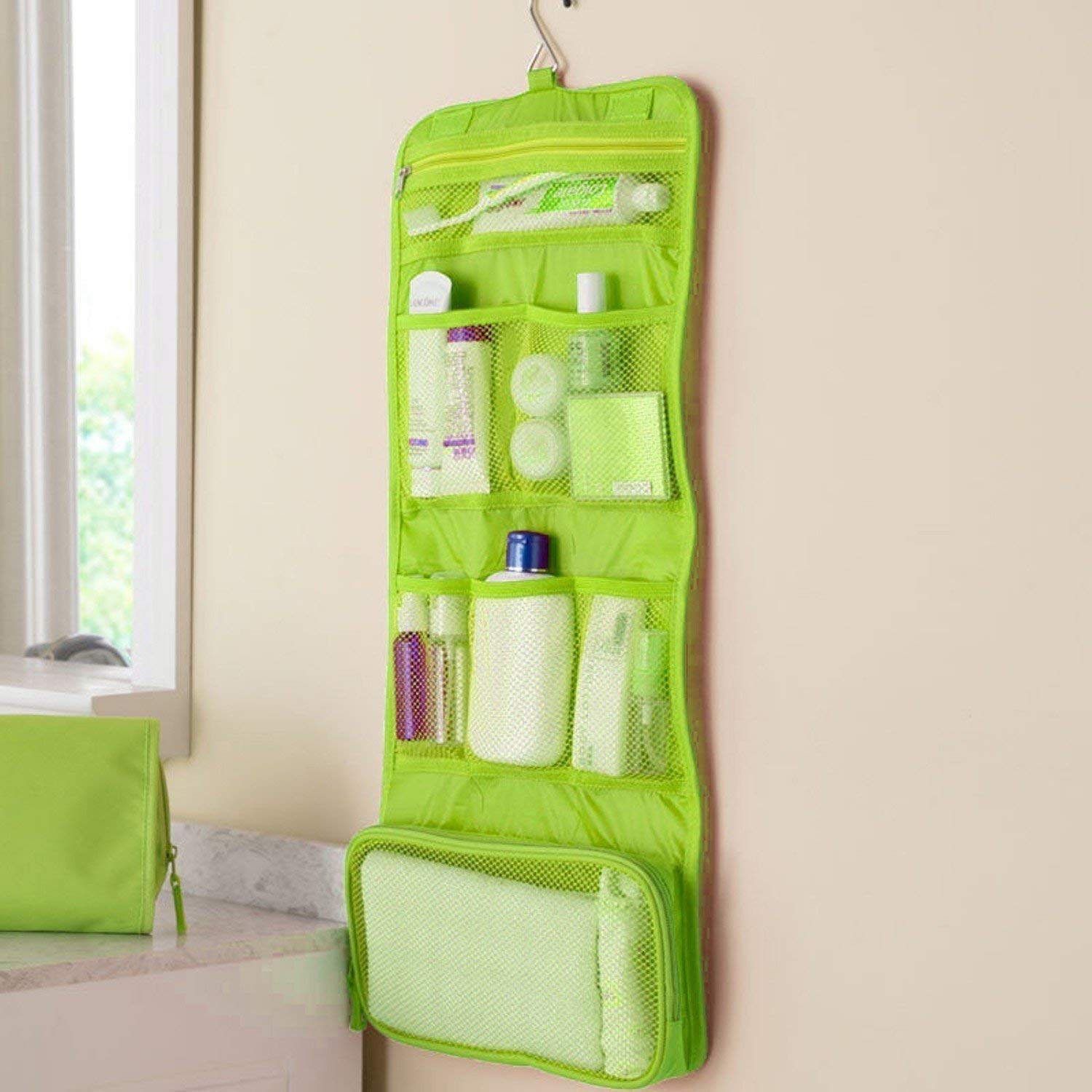 Kridix Foldable Hanging Travel Cosmetic Bag - Waterproof Makeup Organizer Case & Toiletry Pouch for Women | Perfect for Travel, Bathroom Storage & Wall Mount Dressing Kit - Multi-Purpose Utility Organizer