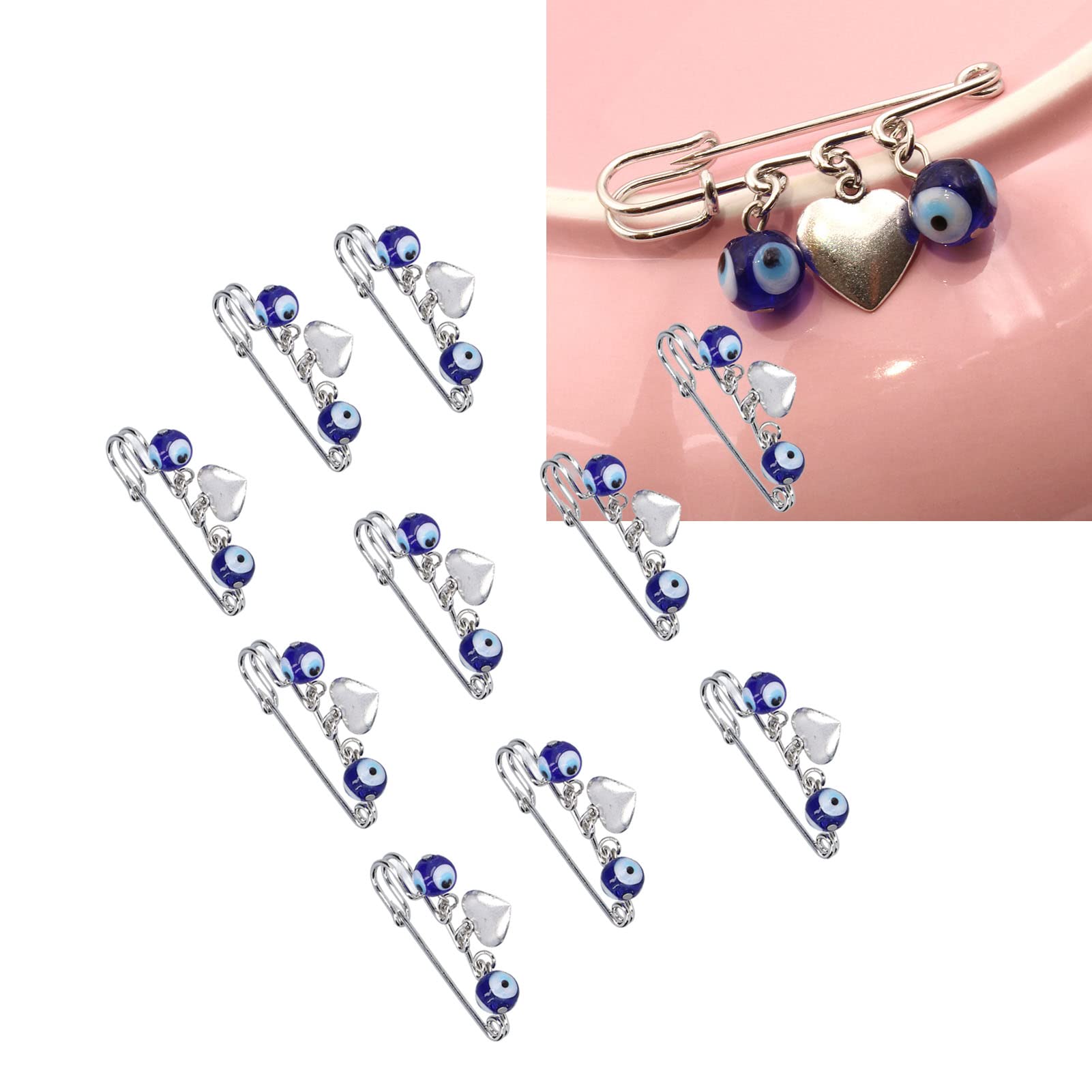 10pcs Blue Evil Eye Brooch Pins - Silver Heart Safety Pins for Women's Clothing & Dresses