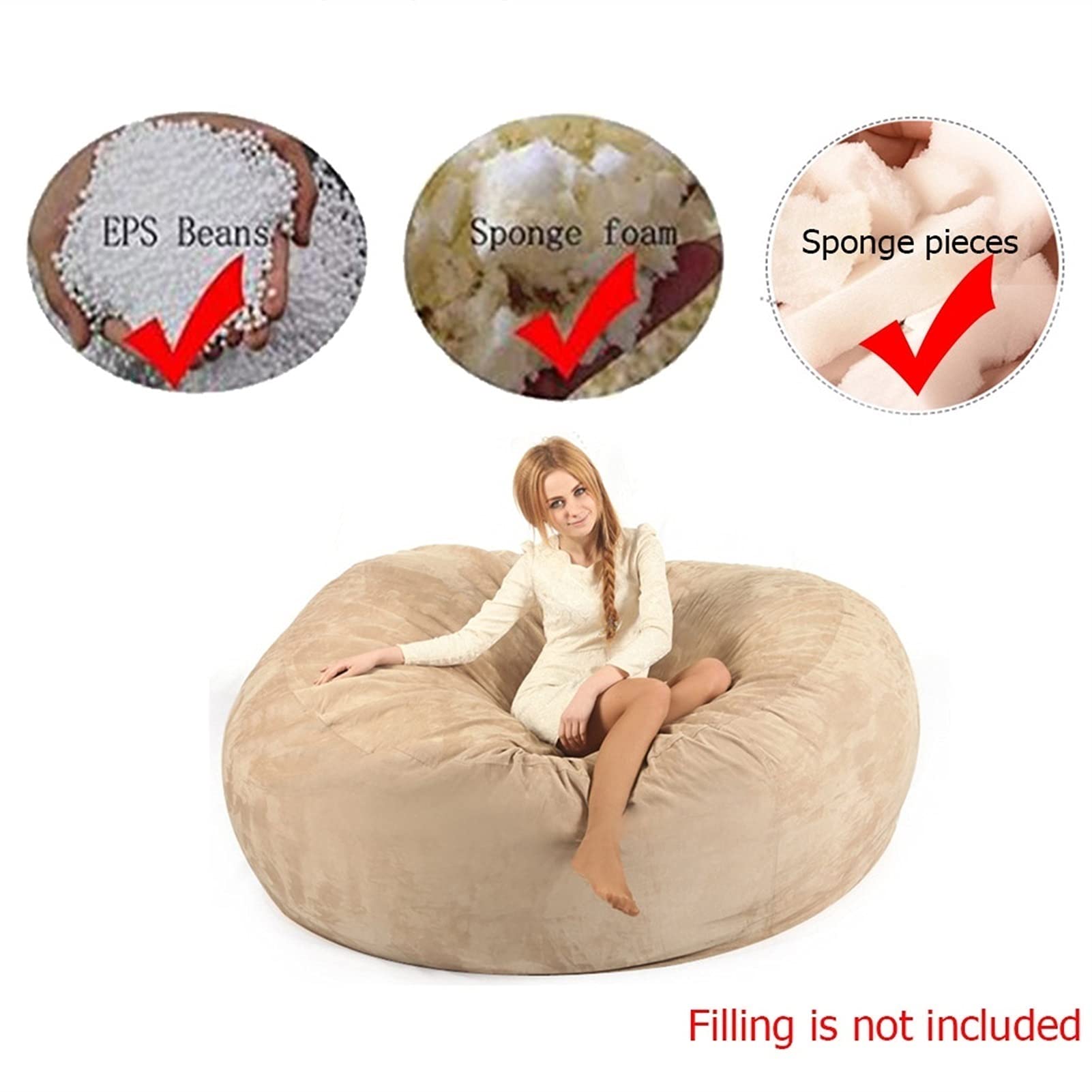 Luxury Giant 6/7/8ft Bean Bag Chair Cover (No Filler Included) - Soft Grey 7ft Replacement Cover for Memory Foam or Plush Toy Storage - Perfect for Kids' Rooms, Game Rooms & Dorm Organization