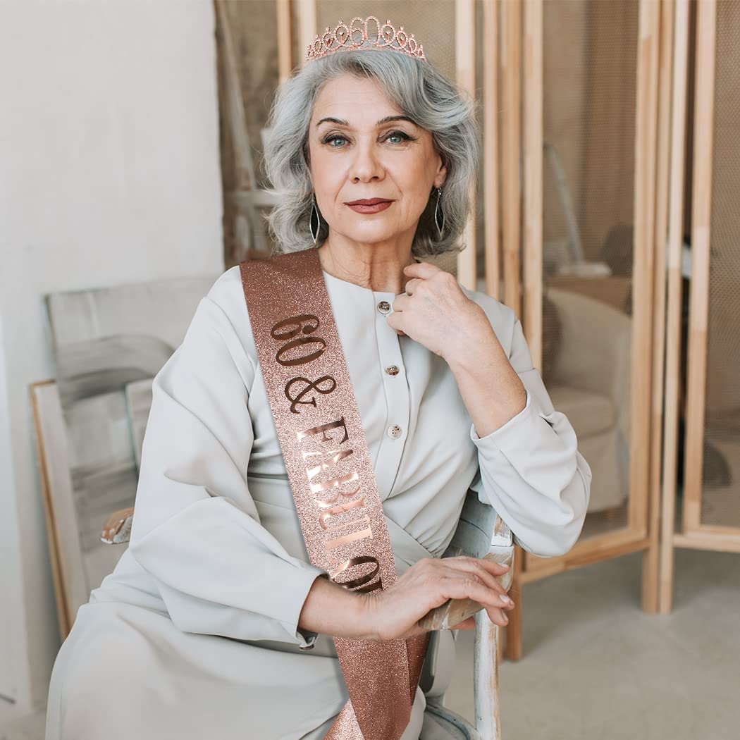 60th Birthday Sash & Tiara Set - Rose Gold Crown for Women's Milestone Celebration | Perfect 60th Birthday Gift & Party Decorations | Great for Birthday Parties, Retirement Celebrations & Special Occasions
