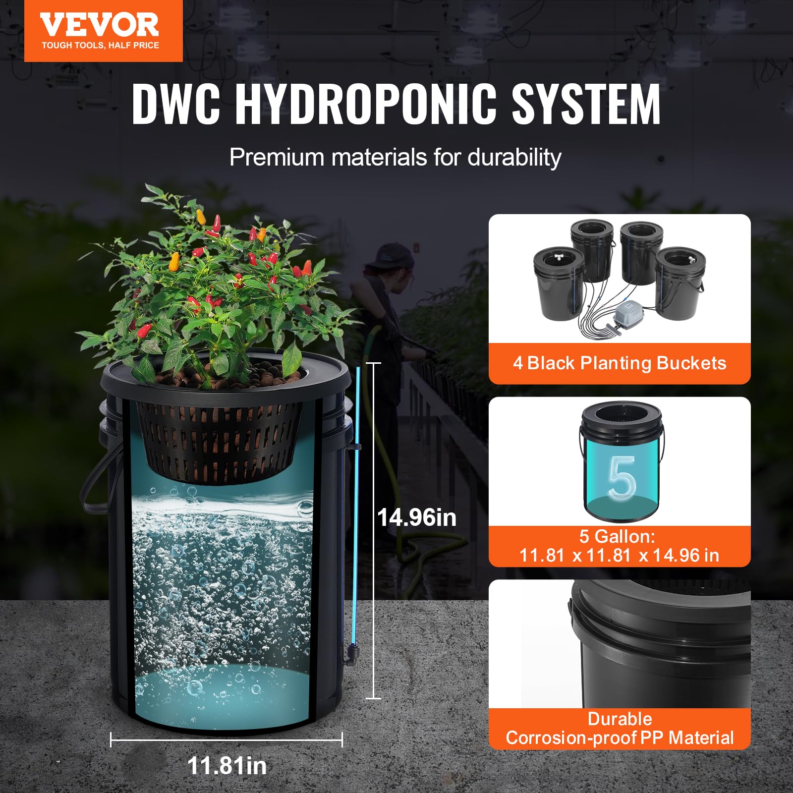 VEVOR 5-Gallon DWC Hydroponic Grow System with Top Drip Kit - 4 Bucket Deep Water Culture Kit Includes Air Pump, Air Stones & Water Level Indicator for Leafy Greens - Perfect for Indoor Herb Garden, Lettuce & Vegetable Hydroponics Farming