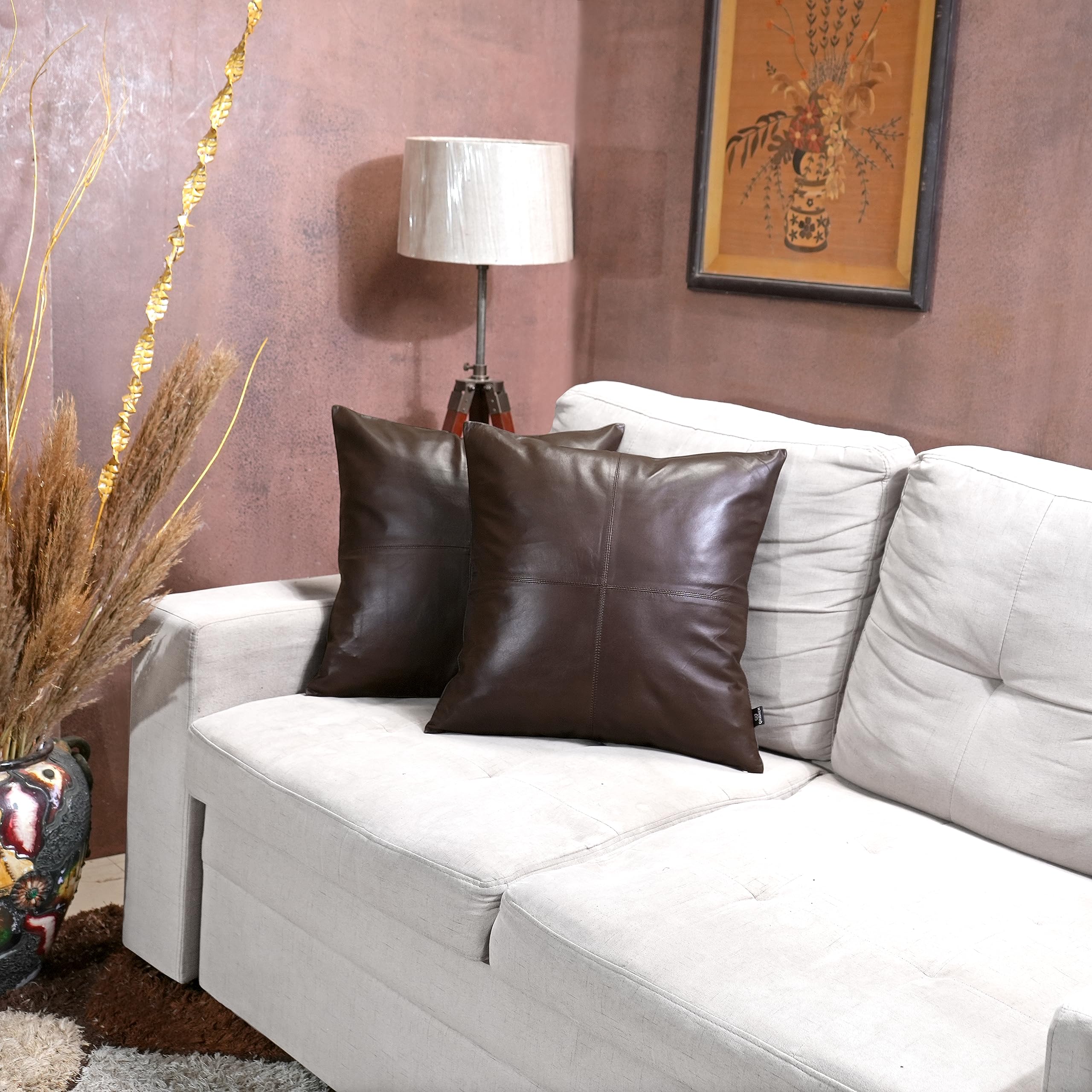 Premium Lambskin Leather Pillow Cover - 22x22 Inch Sofa Cushion Case - Luxury Decorative Throw Covers for Living Room, Bedroom - Dark Brown (Pack of 2) - Perfect for Home Decor, Cozy Sofa & Accent Pillows