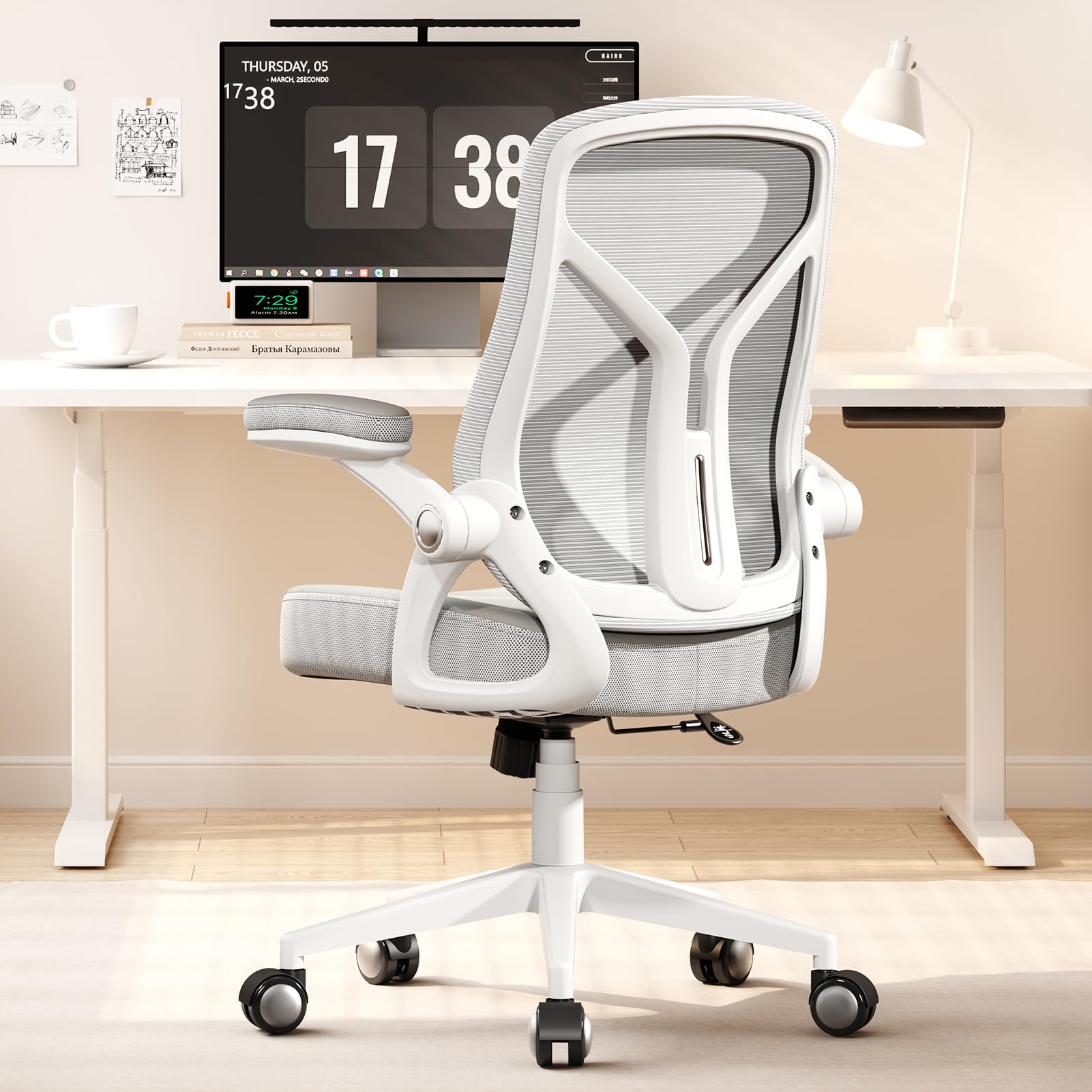 Ergonomic Office Chair with Adjustable Lumbar Support - PU Leather & Mesh Mid-Back Computer Desk Chair with Flip-Up Armrests - Comfortable Executive Task Chair for Home & Office Workspace (Grey) - Perfect for Long Hours of Sitting, Gaming, and Remote Work