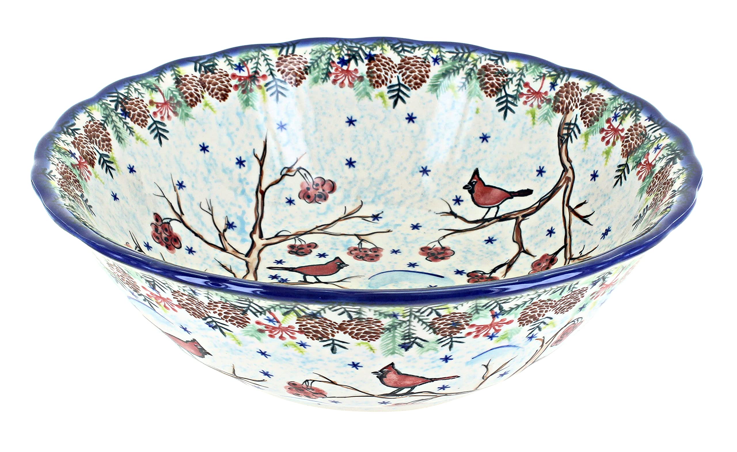 Handmade Blue Rose Polish Pottery Snowman Serving Bowl - Large Christmas Dinnerware for Holiday Parties & Festive Table Decor