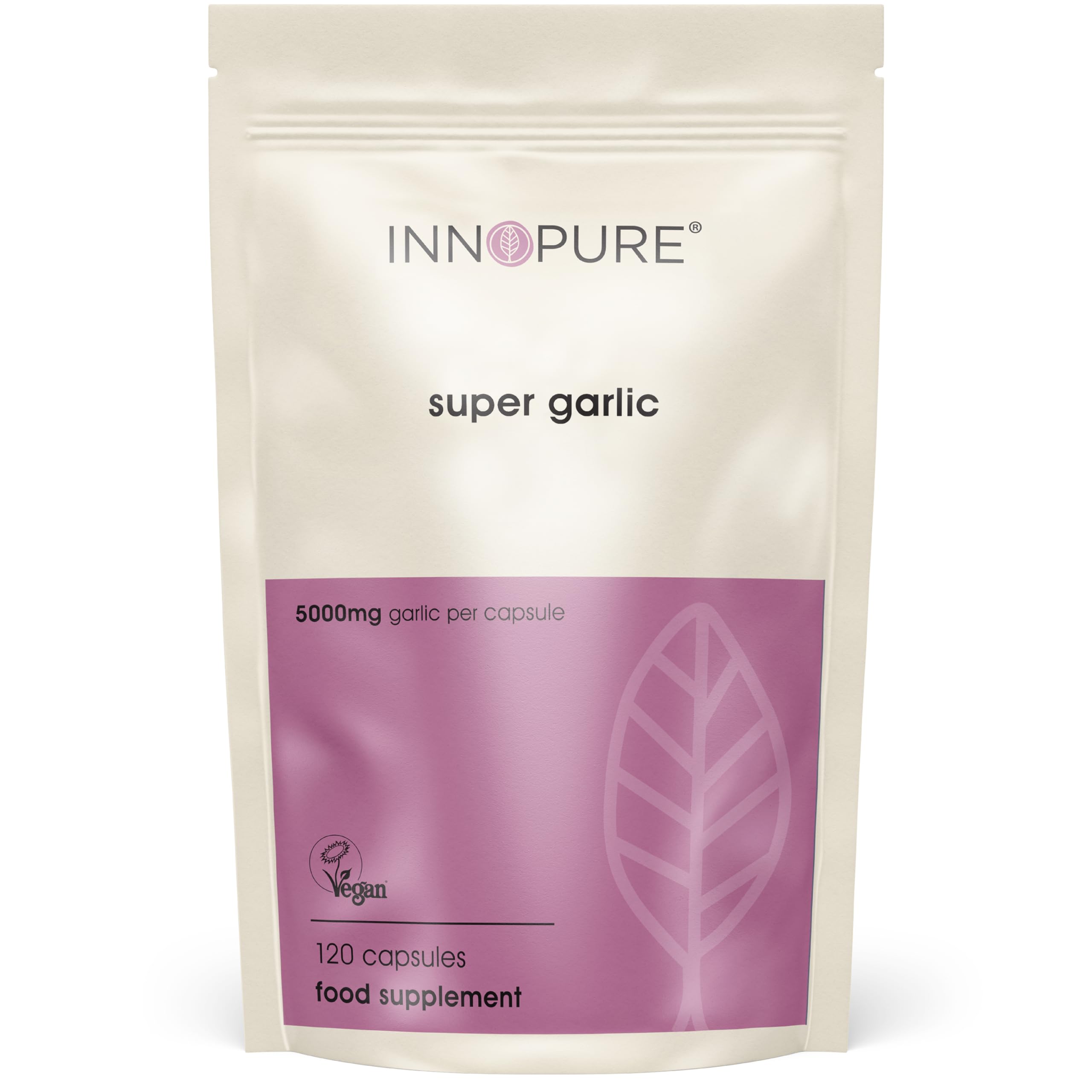 INNOPURE Odorless Garlic Supplement - 120 High Strength 5000mg Capsules for Immune Support & Heart Health | GMP Certified Vegan, No Artificial Fillers | Daily Garlic Pills for Adults, 4 Month Supply | Made in UK | Perfect for Boosting Immunity During Cold Season & Travel
