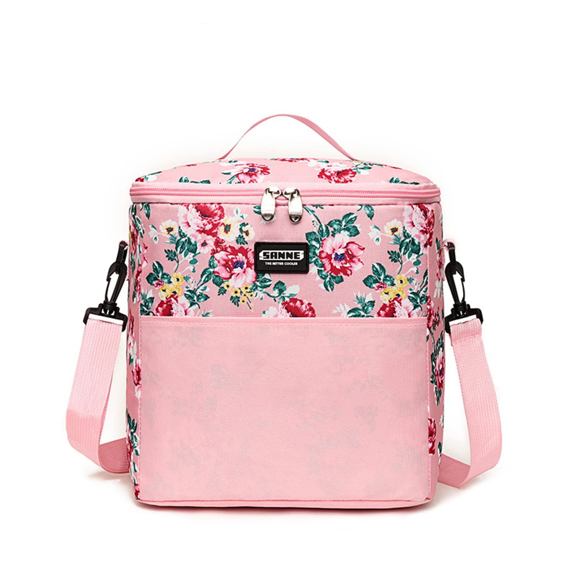 11L Large Insulated Lunch Bag for Work & Picnic - Thermal Breast Milk Cooler Tote with Oxford Cloth & Crossbody Strap - Portable Food Storage for Office, School, Outdoor Activities (Light Pink Floral, Large)