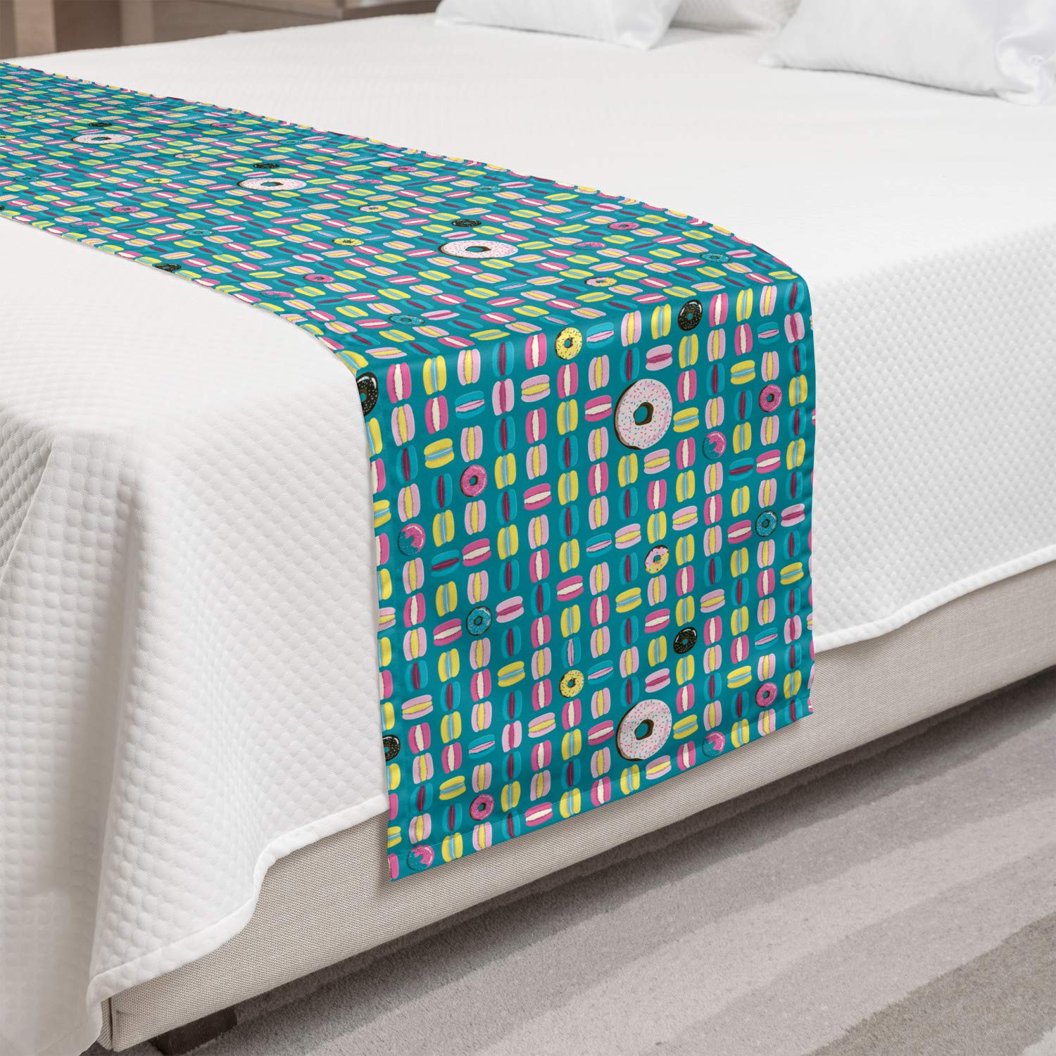 Ambesonne Dessert Bed Runner - Colorful Donuts with Sprinkles Print, Tasty Comfort Food Design, Decorative Bed Scarf for Queen Size Beds - Teal & Multicolor | Perfect for Hotels, Homes, Guestrooms & Sweet-Themed Bedroom Decor
