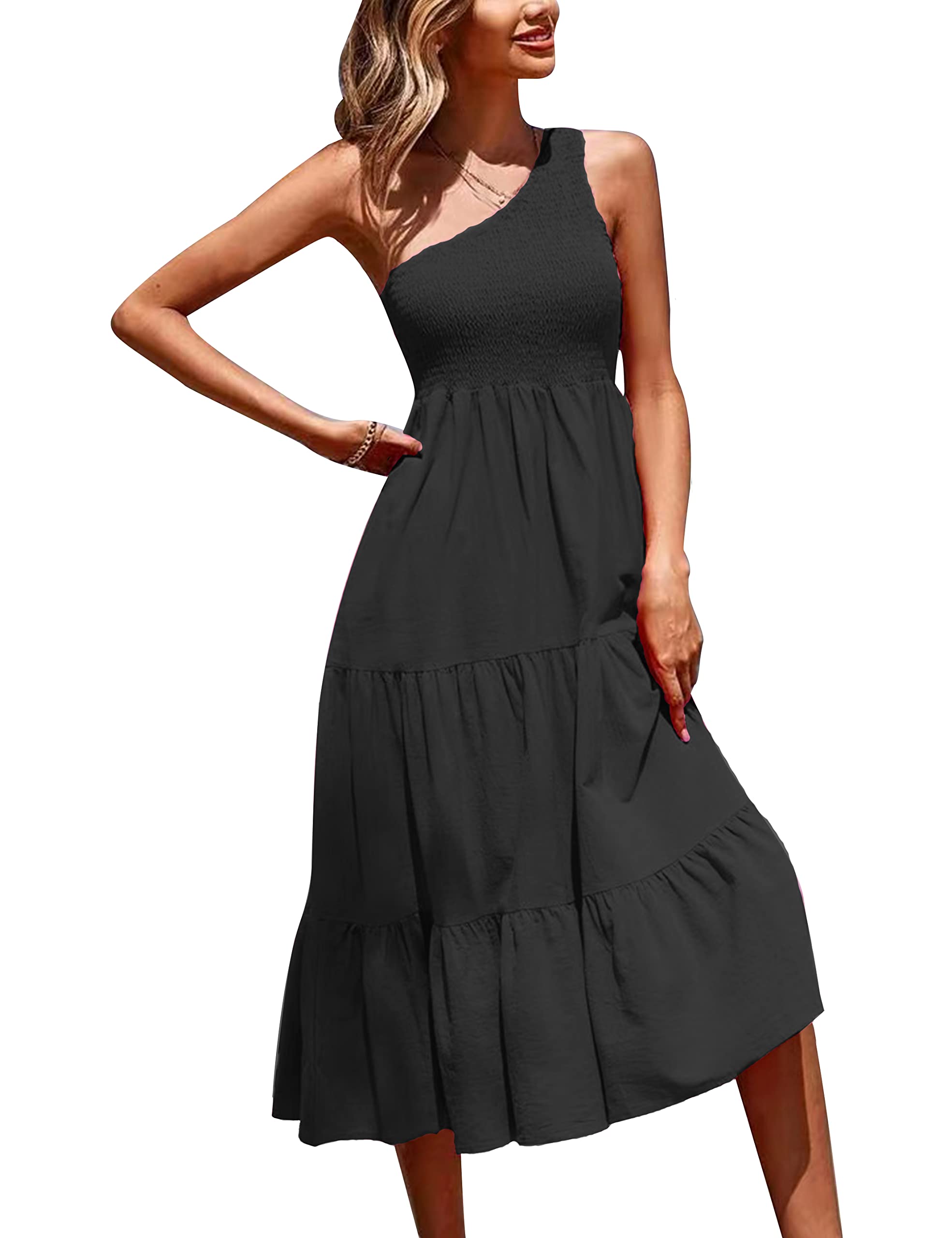 One Shoulder Dresses for Women - 2023 Summer Boho Smocked Tiered A-Line Beach Midi Dress by HangNiFang | Perfect for Vacations, Weddings & Date Nights