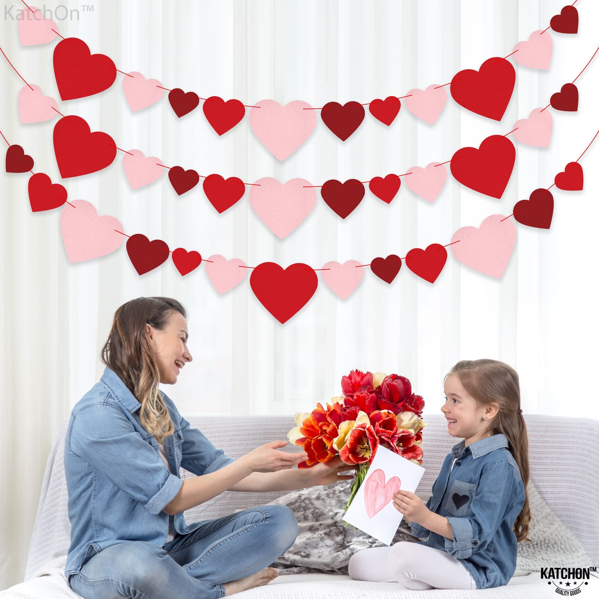 KatchOn Felt Valentine's Day Garland - 3 Strings, 8.2 Feet Red Heart Banner for Wall Decor | Ready-to-Hang Galentine's Day & Valentine's Party Decorations | Perfect for Home, Office, Wedding, Baby Shower & Romantic Events
