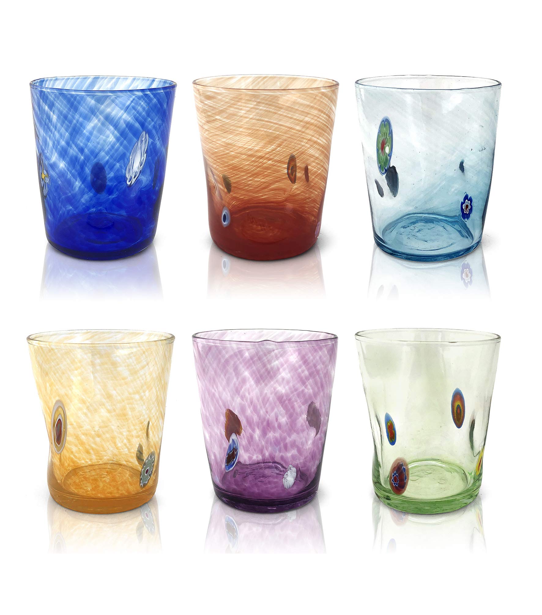 MAZZEGA ART & DESIGN - Handcrafted Murano Glass Water Glasses Set of 6 | Liberty Model 290ml | Authentic Italian Blown Glass with Murrine Patterns | Perfect for Fine Dining, Wedding Gifts & Home Decor | Made in Italy
