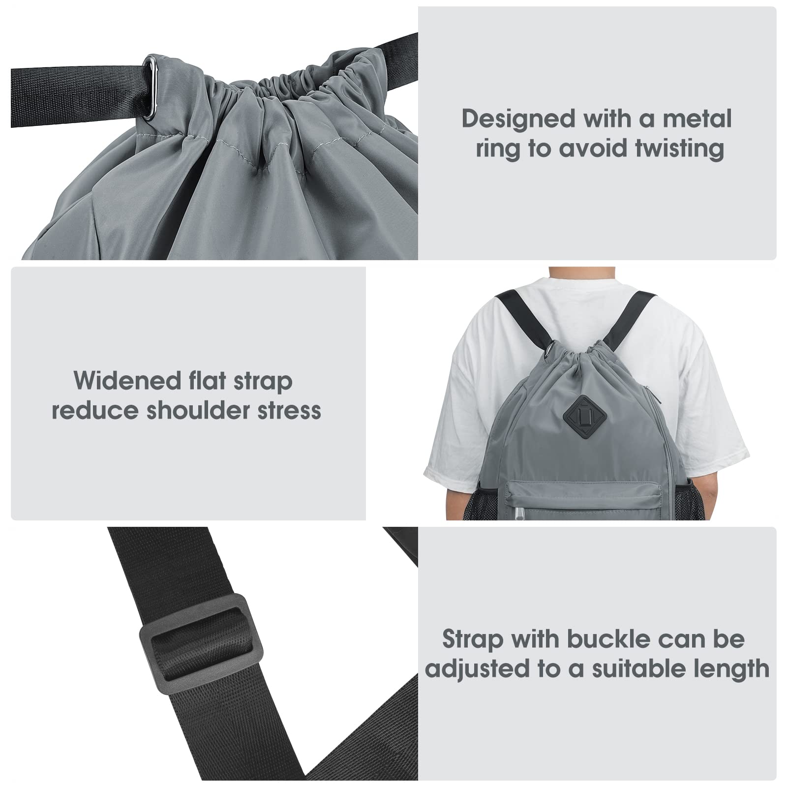 WANDF Drawstring Backpack - Large Water-Resistant Gym Bag with Shoe Compartment for Men & Women | Perfect for Sports, Travel & Workouts (Grey)