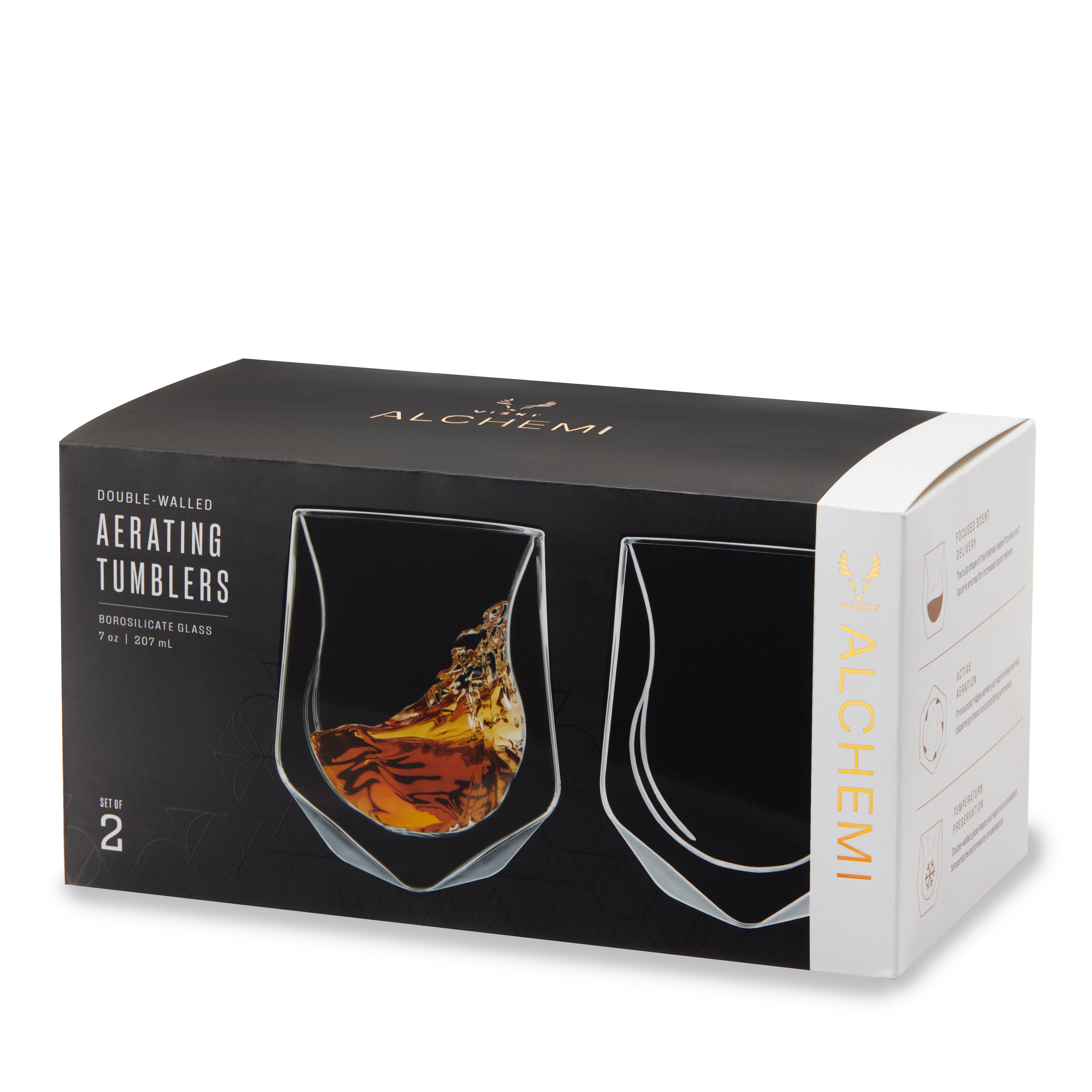 Premium Alchemi Double Walled Aerating Wine Glasses Set of 2 - Insulated Stainless Steel Stemless Tumblers for Red Wine, Whiskey & Cocktails - Perfect for Dinner Parties, Outdoor Entertaining & Gifts