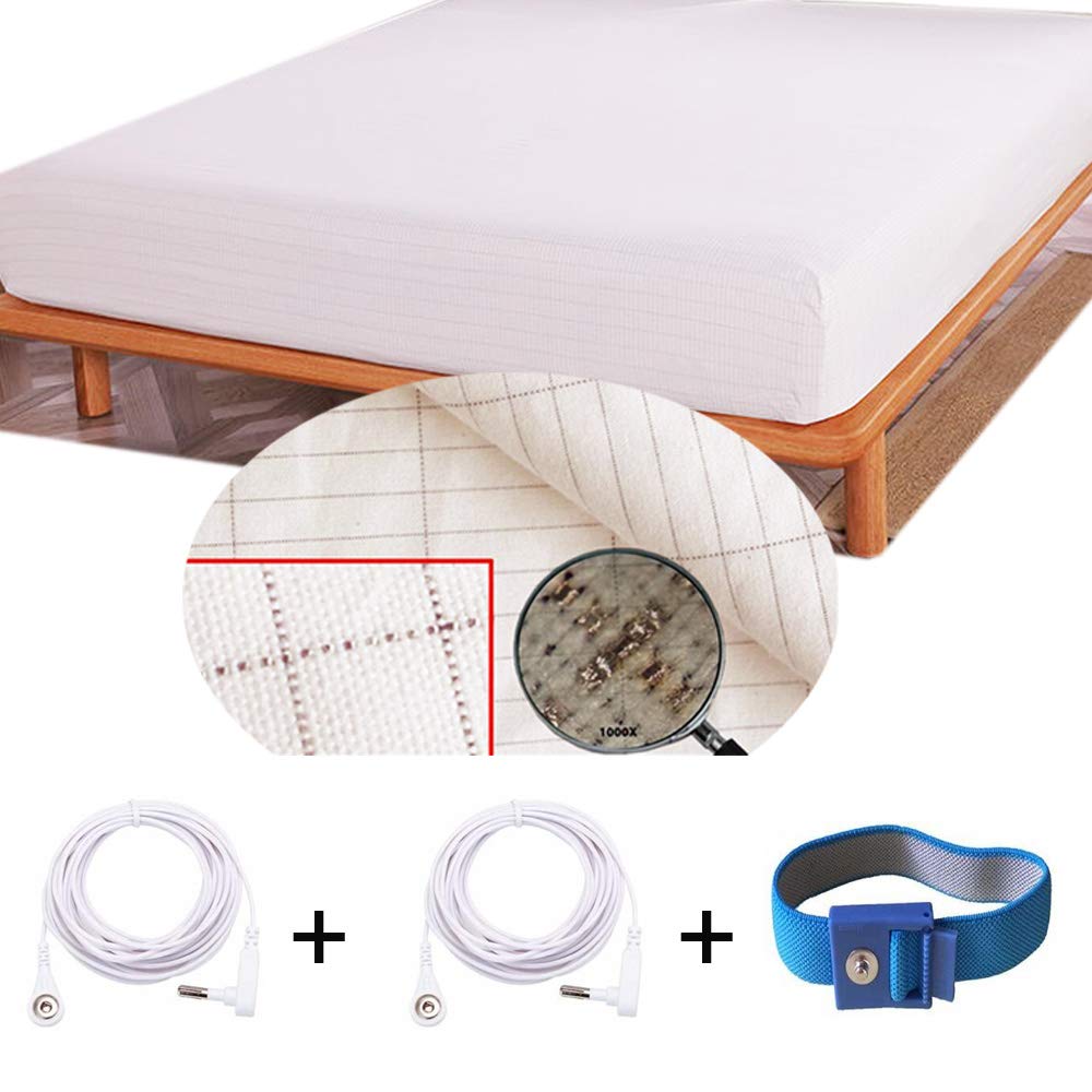 Premium Conductive Grounding Fitted Sheet with Pure Silver Thread - EMF Protection & Earth Energy Therapy - 78x80x13 Inch Beige (Includes Grounding Cords & Bracelet) - Ideal for Better Sleep, Stress Relief & Holistic Wellness