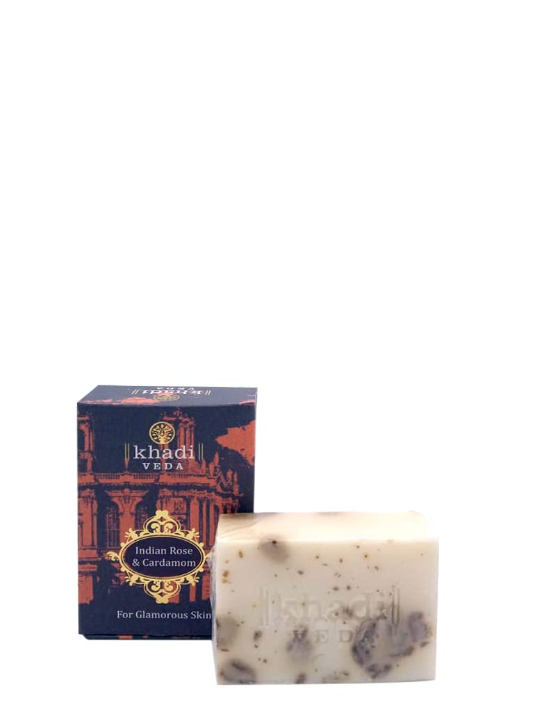 Khadi Veda Indian Rose & Cardamom Soap Bar 100g - Natural Glow for Radiant Skin | Handmade Herbal Bath Soap for Women & Men | Perfect for Daily Skincare & Relaxing Bath Time