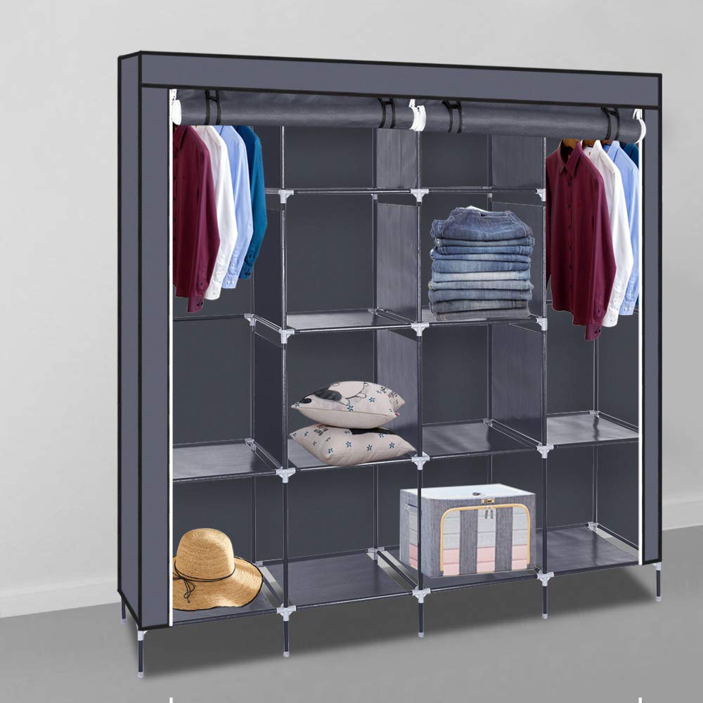 Knocbel 67 Inch Freestanding Closet Organizer with Dustproof Waterproof Cover - 2 Hanging Rods, 4 Side Pockets & Storage Shelves for Bedroom, Closet or Laundry Room (Gray)