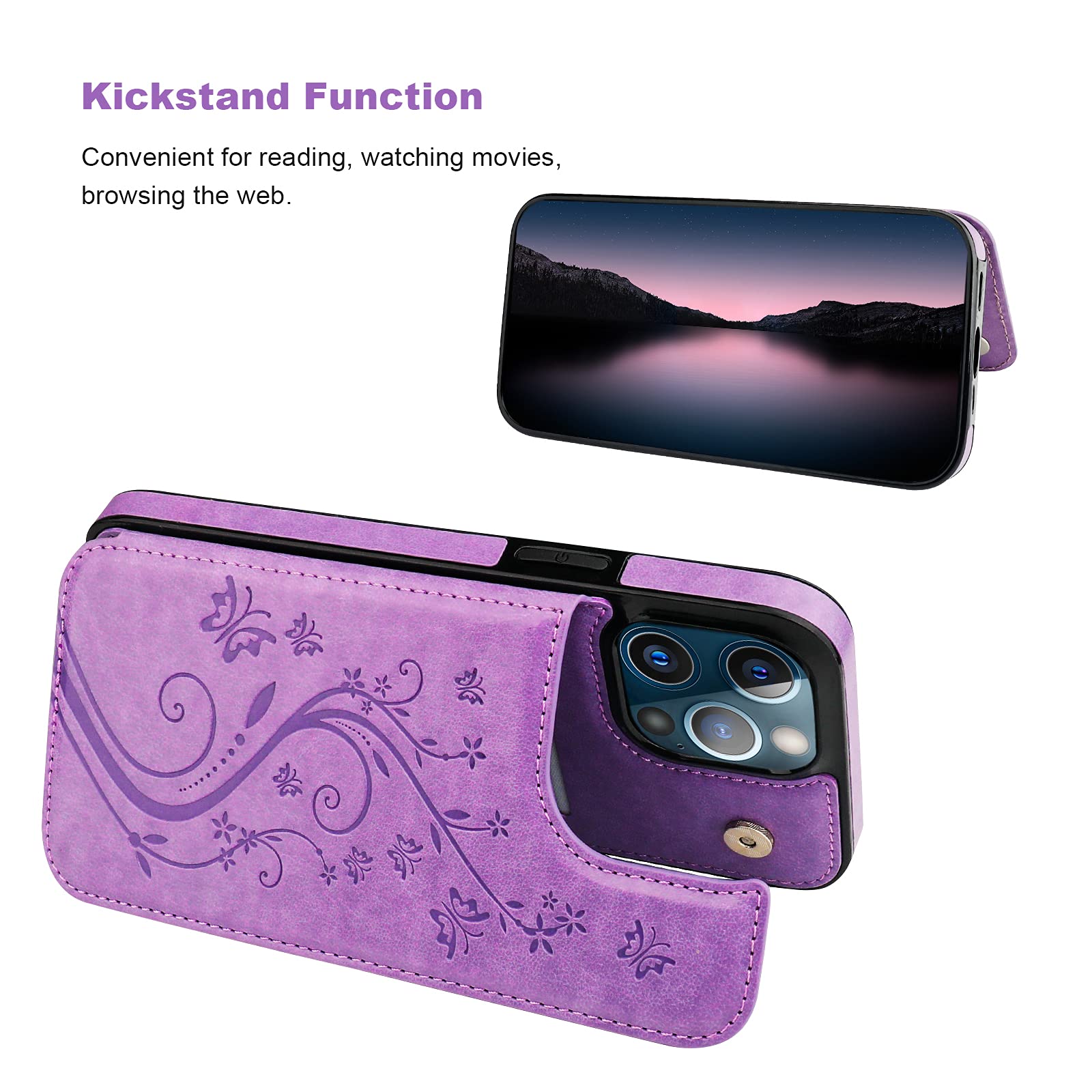 Vaburs iPhone 13 Pro Max Wallet Case with Card Holder - Embossed Butterfly PU Leather Flip Cover, Magnetic Car Mount Compatible, Shockproof Protection for 6.7