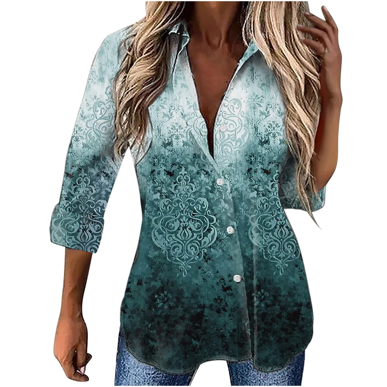 Vintage Floral Print Gradient 3/4 Sleeve V-Neck Button Down Blouse for Women - Trendy Lapel Tunic Top for Summer - Perfect for Office Wear, Casual Outings & Date Nights