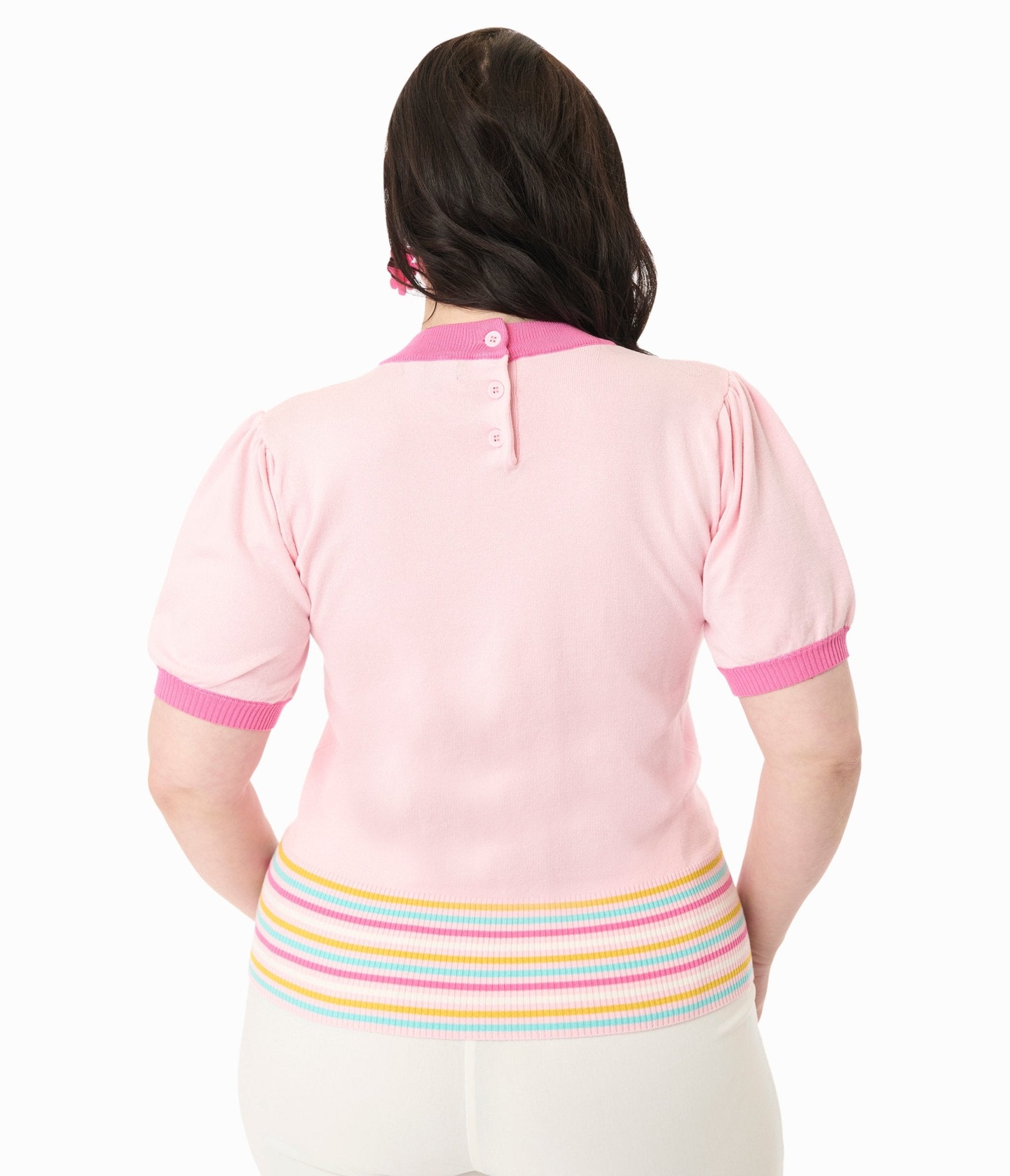 Smak Parlour Plus Size Pink & Rainbow Flower Cutout Sweater - Women's Fashion Knitwear for Casual Wear, Date Nights & Spring Outfits