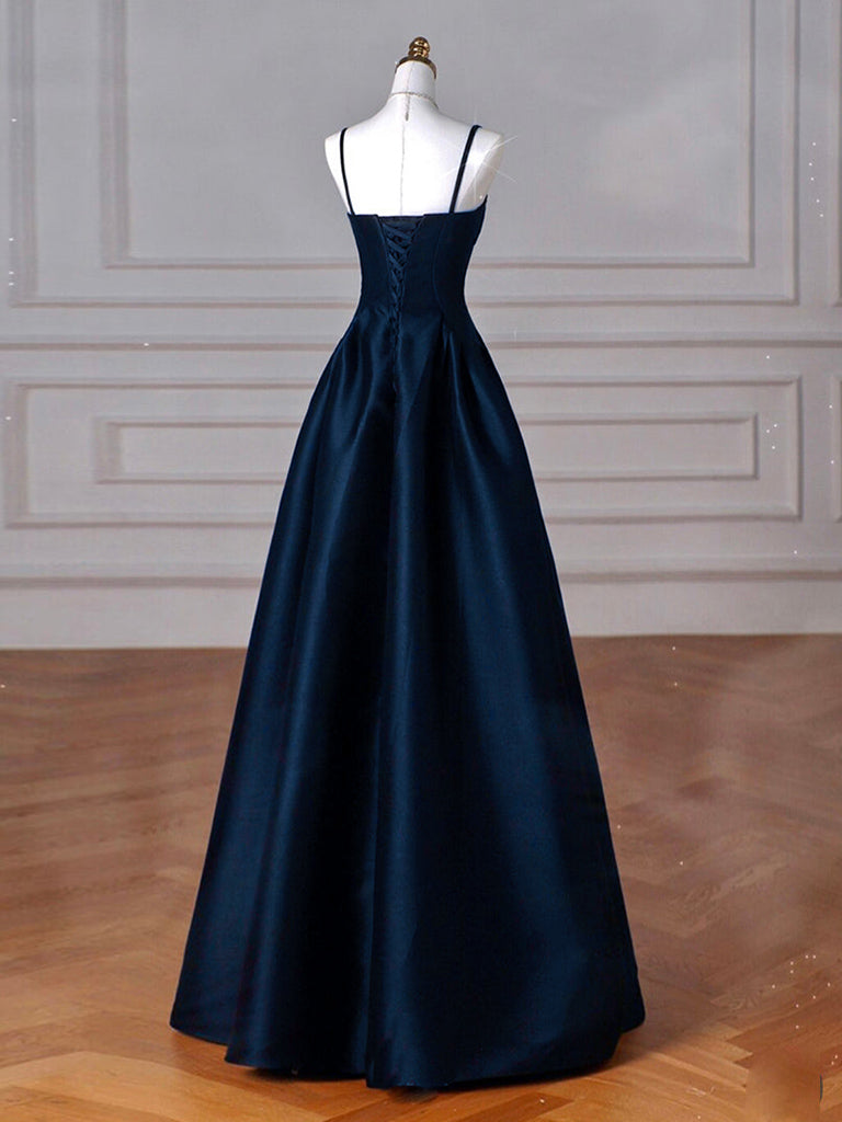 Elegant Dark Blue Satin A-Line Long Prom Dress for Women - Formal Evening Gown for Homecoming, Wedding Guest & Special Occasions
