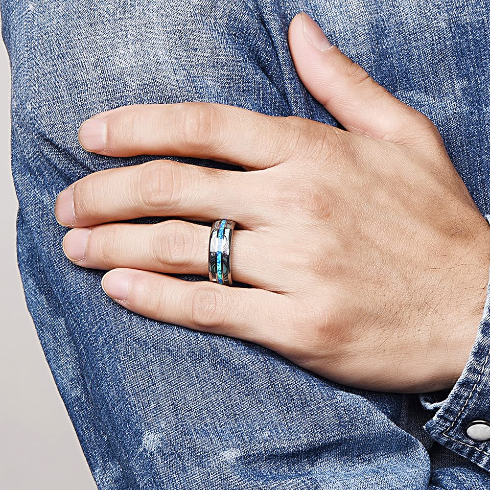 NUNCAD Men's Tungsten Wedding Band Ring - 8mm Comfort Fit with Genuine Blue/Green Opal & Abalone Shell - Size 7-12 - Perfect for Engagement, Anniversary & Everyday Wear