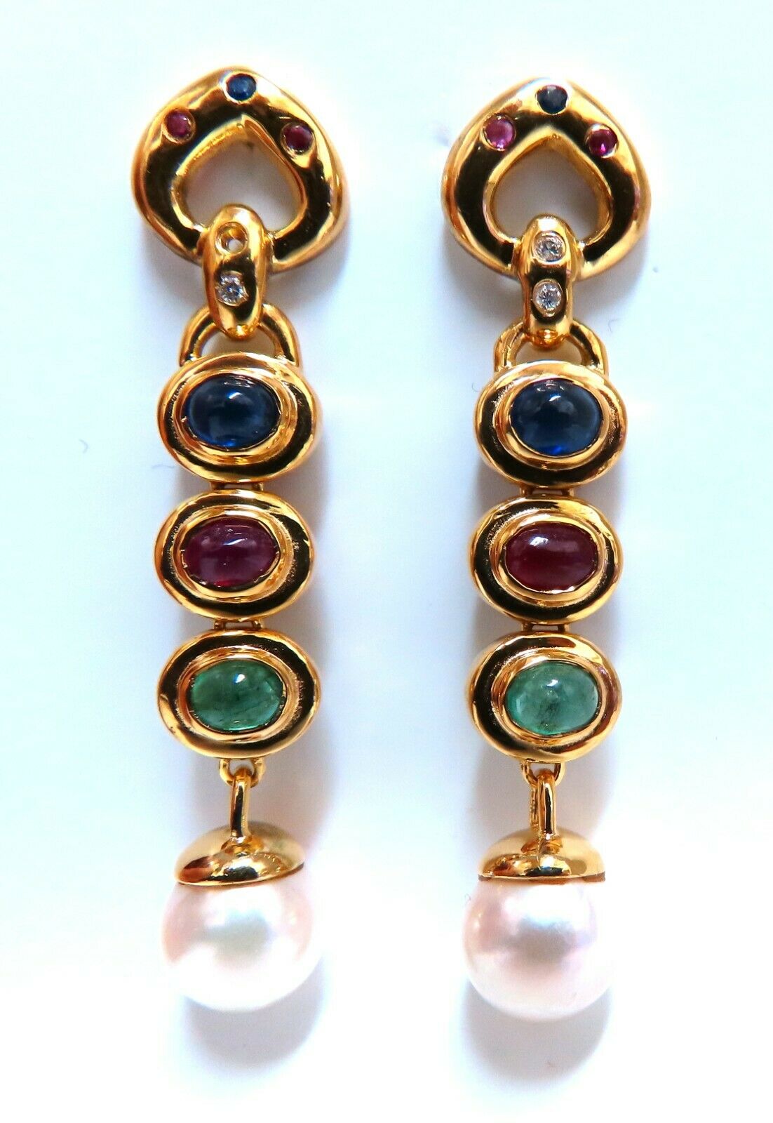 3ct Natural Ruby, Emerald, Sapphire & Pearl Dangle Earrings in 14K Gold - Elegant Jewelry for Weddings, Parties & Special Occasions
