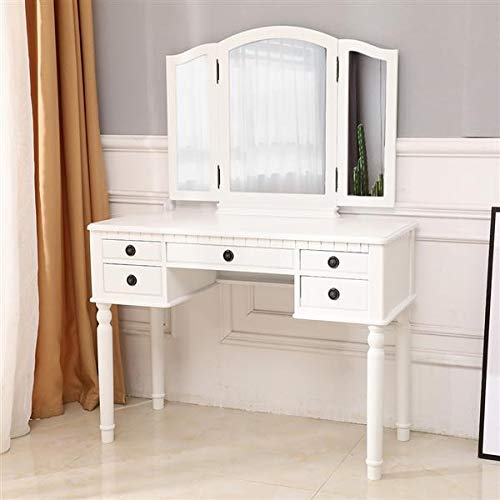 Aveland 3-Fold Square Mirror Dresser with Drawers - Roman Column Design White Vanity Table/Stool for Bedroom & Living Room | Perfect Makeup Organizer & Home Decor