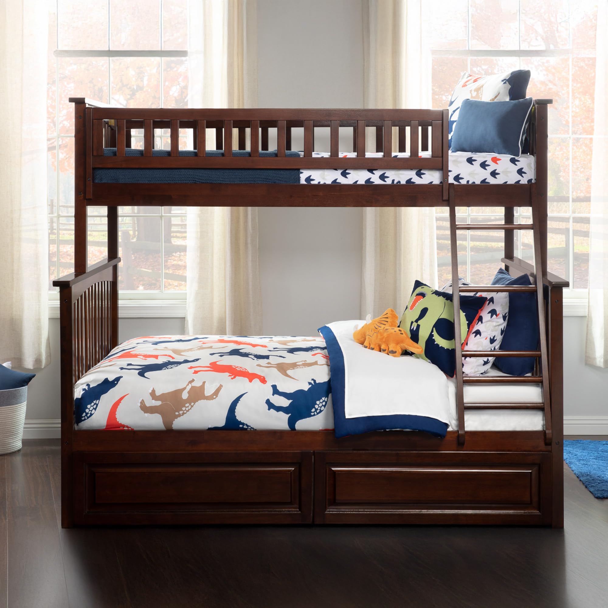AFI Columbia Twin Over Full Size Bunk Bed with Raised Panel Drawers & USB Charging Station - Solid Walnut Wood for Kids, Teens & Guest Rooms - Space Saving Solution for Small Bedrooms & Vacation Homes